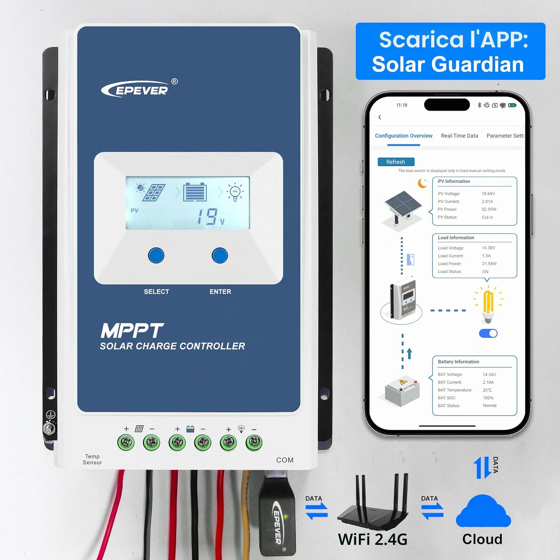 EPEVER MPPT Regolatore di carica solare 40A 12V 24V per pannelli solari auto Max PV 100V regolatore con adattatore WiFi APP set monitor