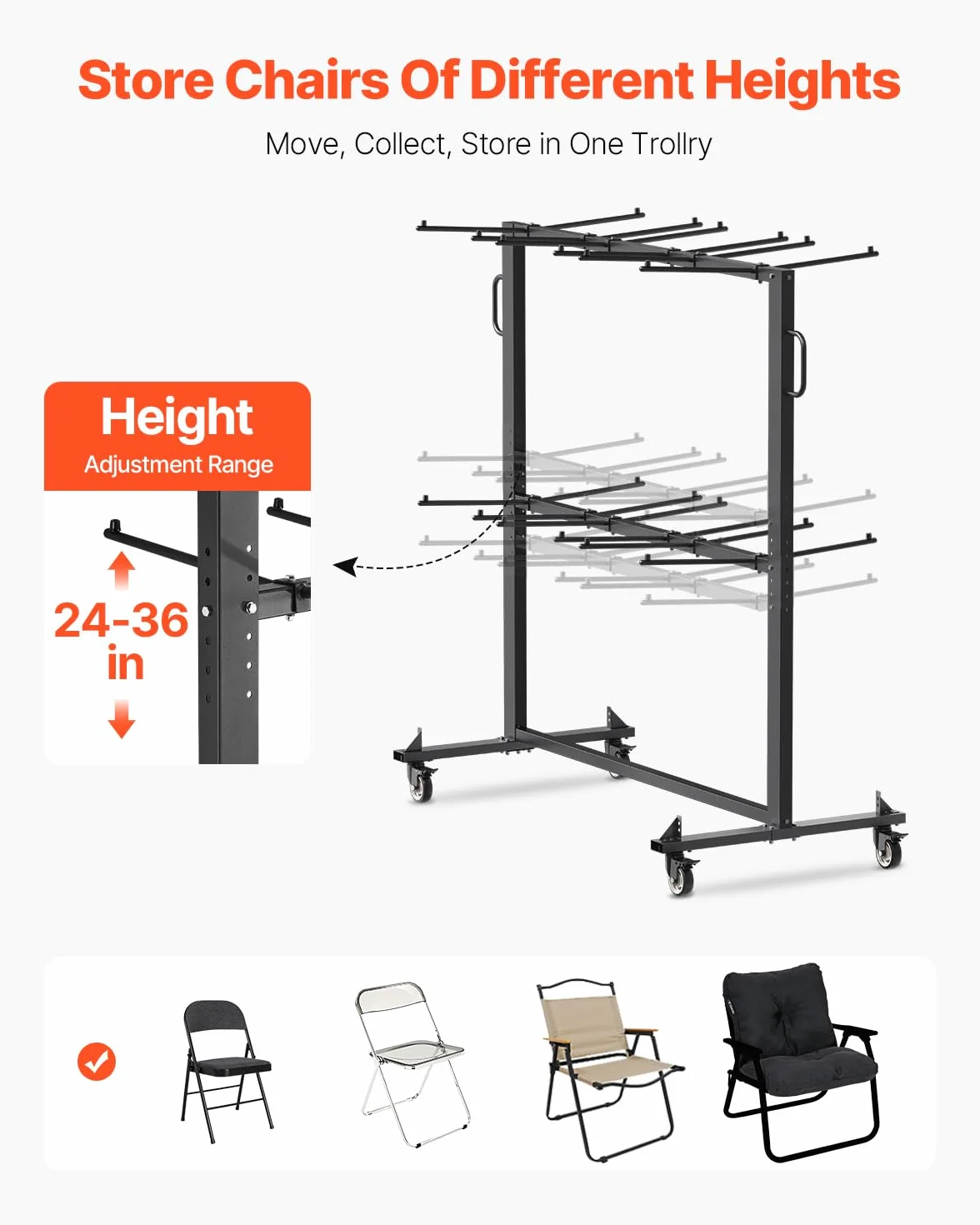 VEVOR Supporto per sedia pieghevole, capacità di carico 361 kg, per 84 sedie/12 tavoli, carrello portaoggetti a doppio strato con ruote e supporti in gomma, grande supporto per sedia, nero opaco