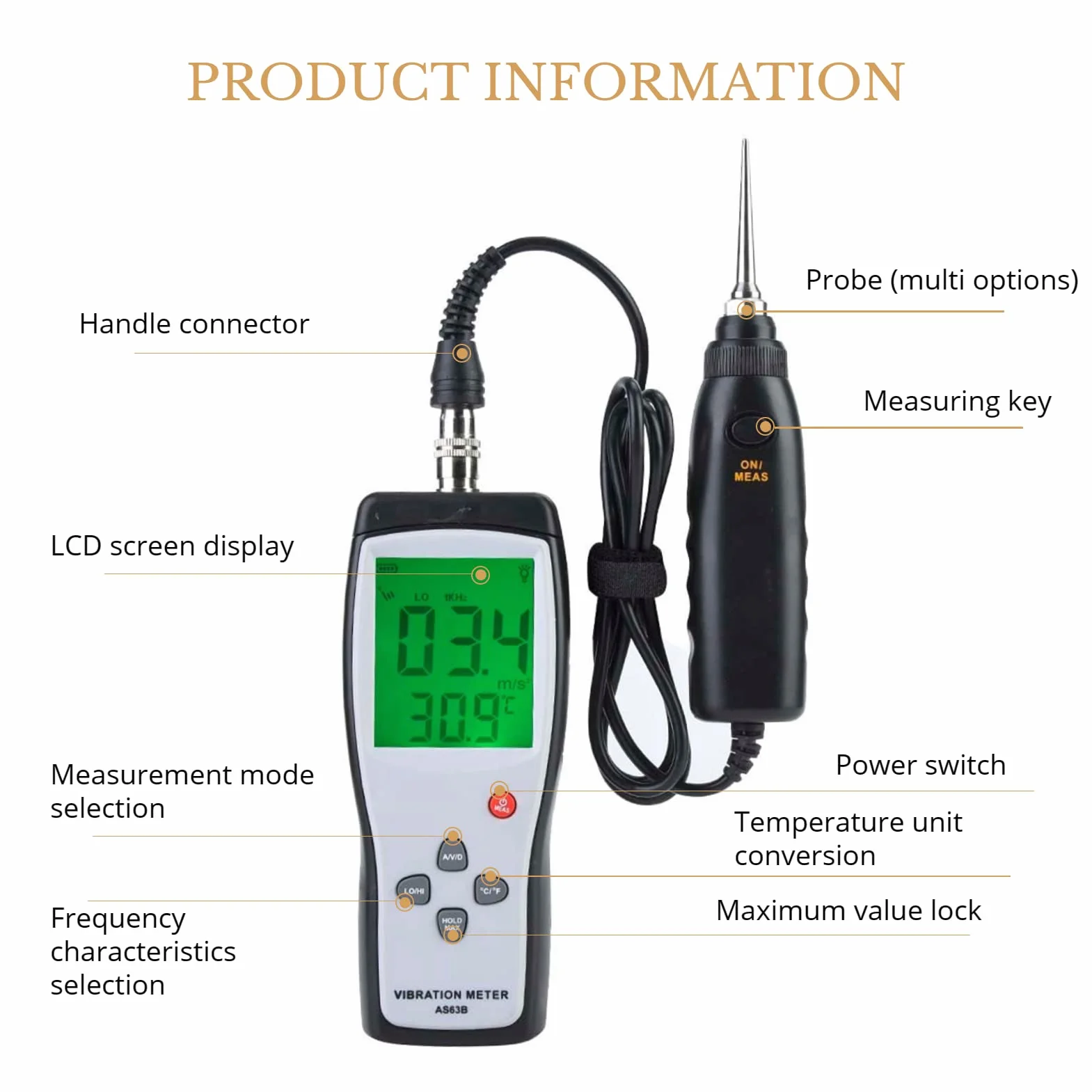 Tester di Vibrazione, Analizzatore di Vibrometro Portatile con Retroilluminazione del Display LCD AS63B, Misuratore di Vibrazione Digitale Vibrometro Ad Alta Sensibilità con Custodia