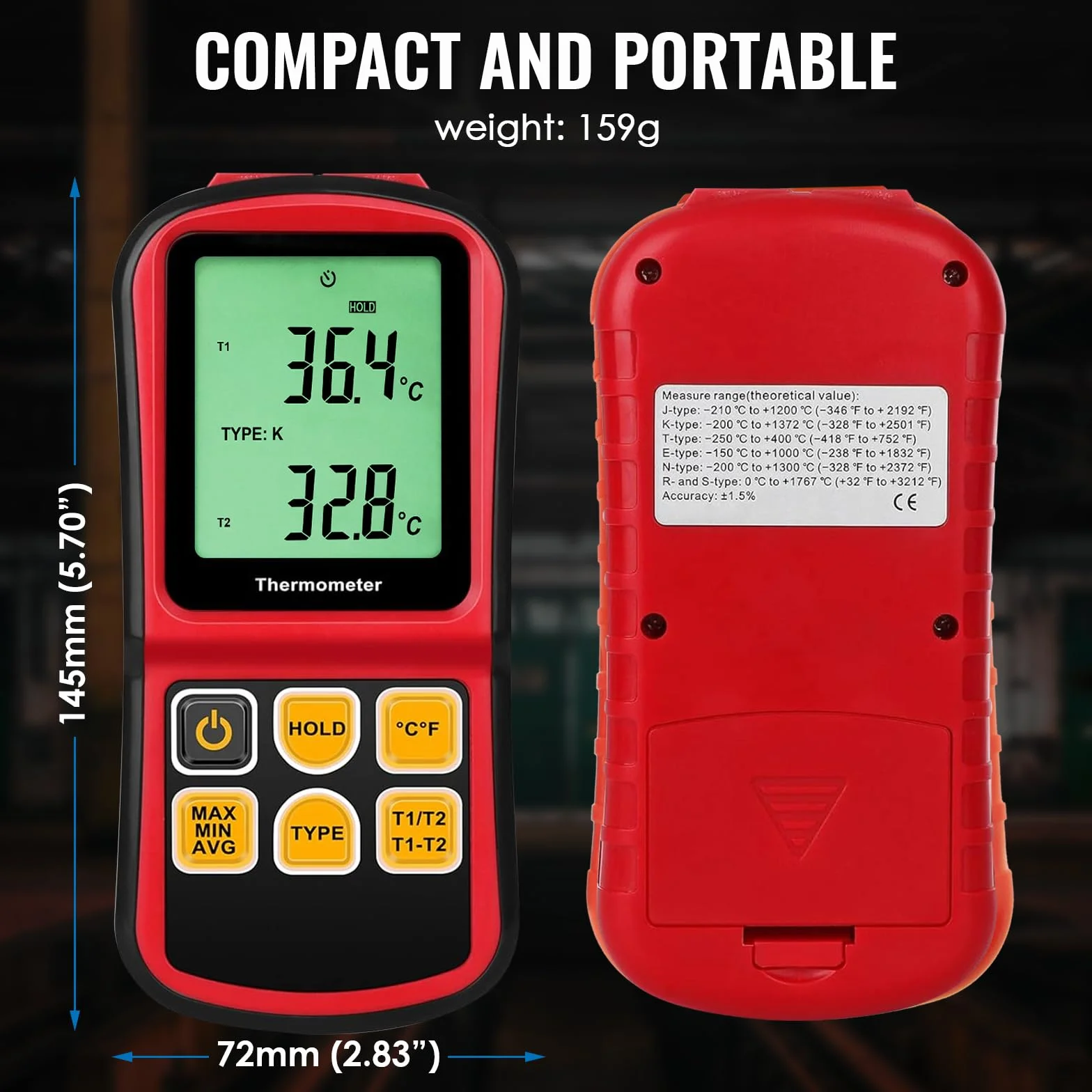 Termometro a termocoppia a doppio canale Tipo K/J/T/E/R/S/N -150~1767 °C Misuratore di temperatura digitale Retroilluminazione 2 sonde