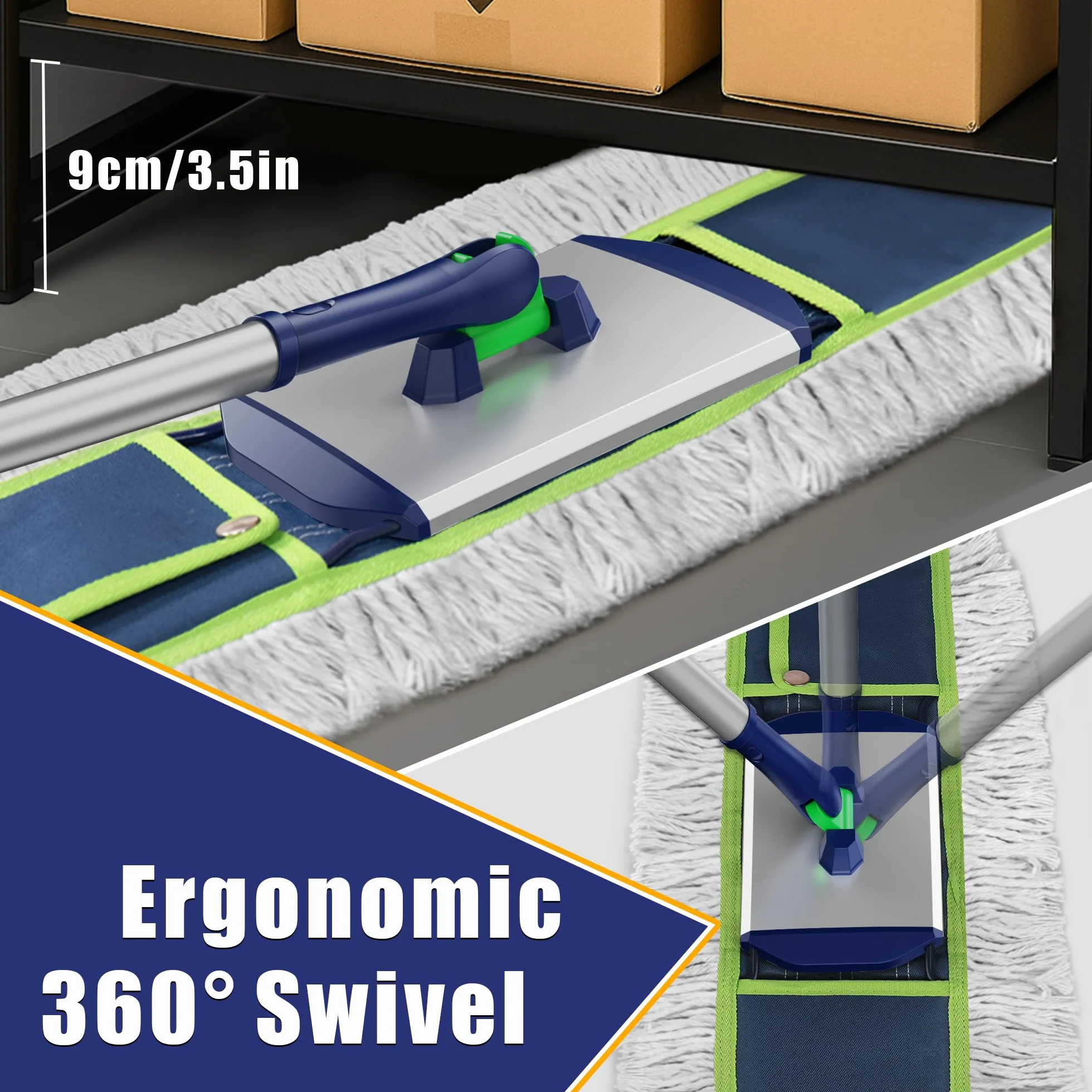 Mocio industriale piatto 104 cm per pavimenti in legno duro con 2 tamponi e manico 150 cm