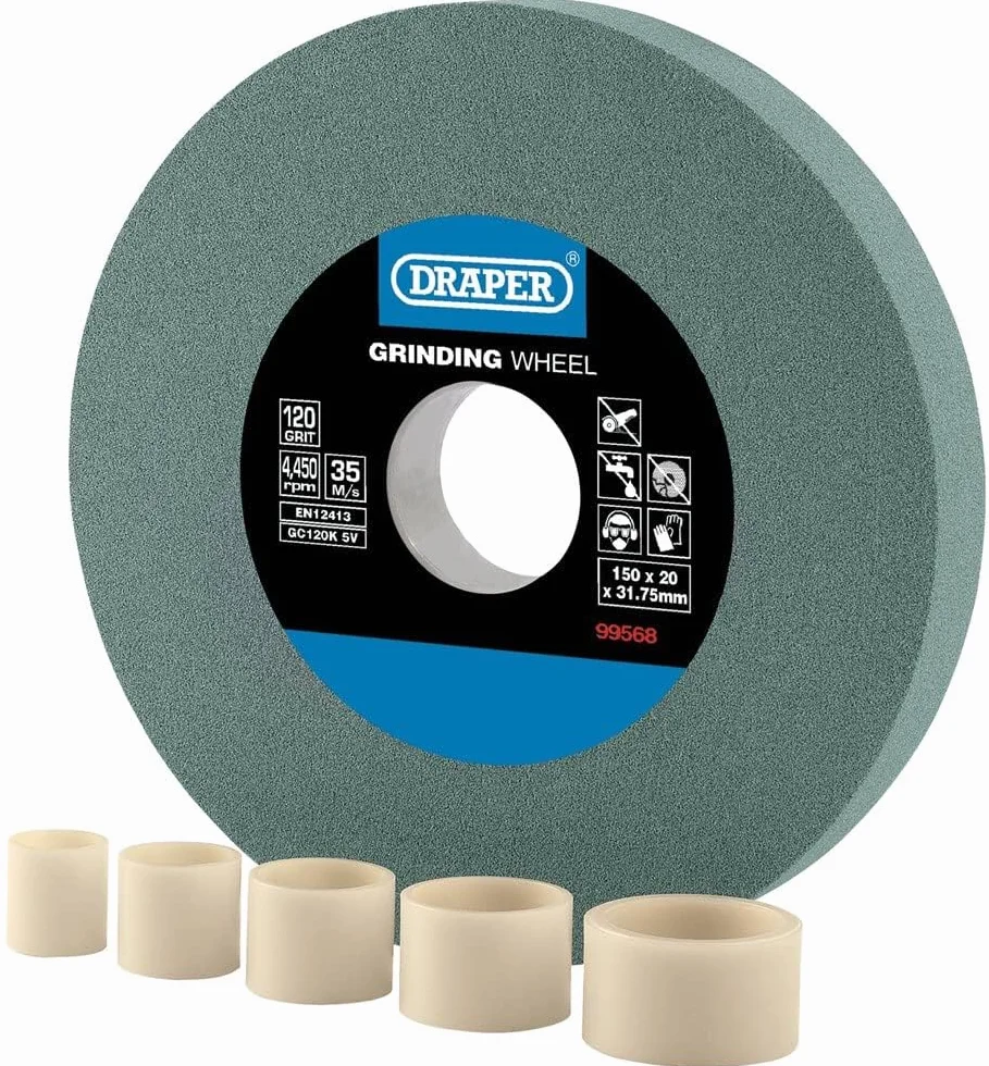 Draper Mola da banco 150x20 mm affilatrice utensili TCT grana 120 anelli riduzione foro 31.75 mm
