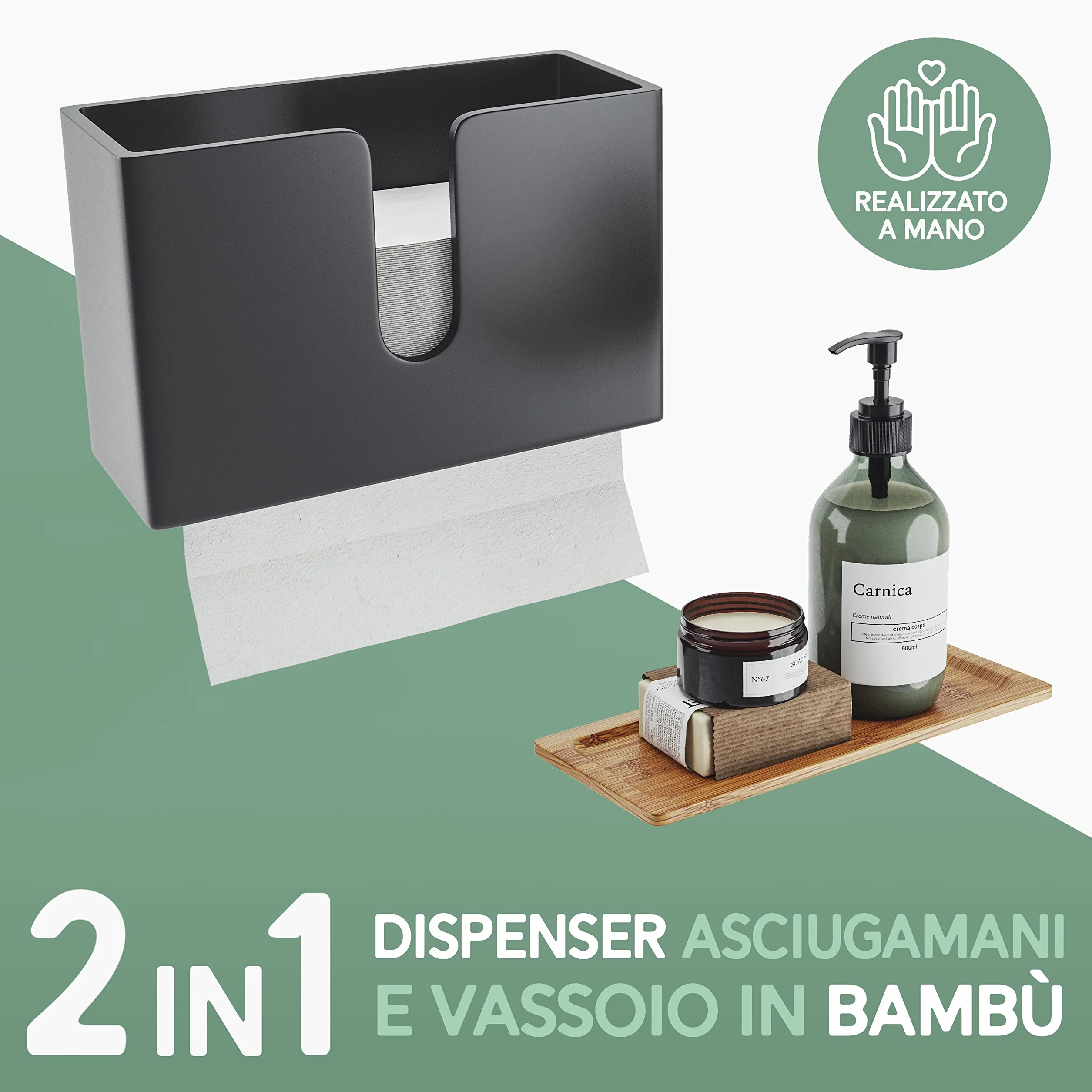 Dispenser per Carta Asciugamani in Legno NATURE SUPPLIES - Porta Salviette da Parete, Bambù Naturale, Nero
