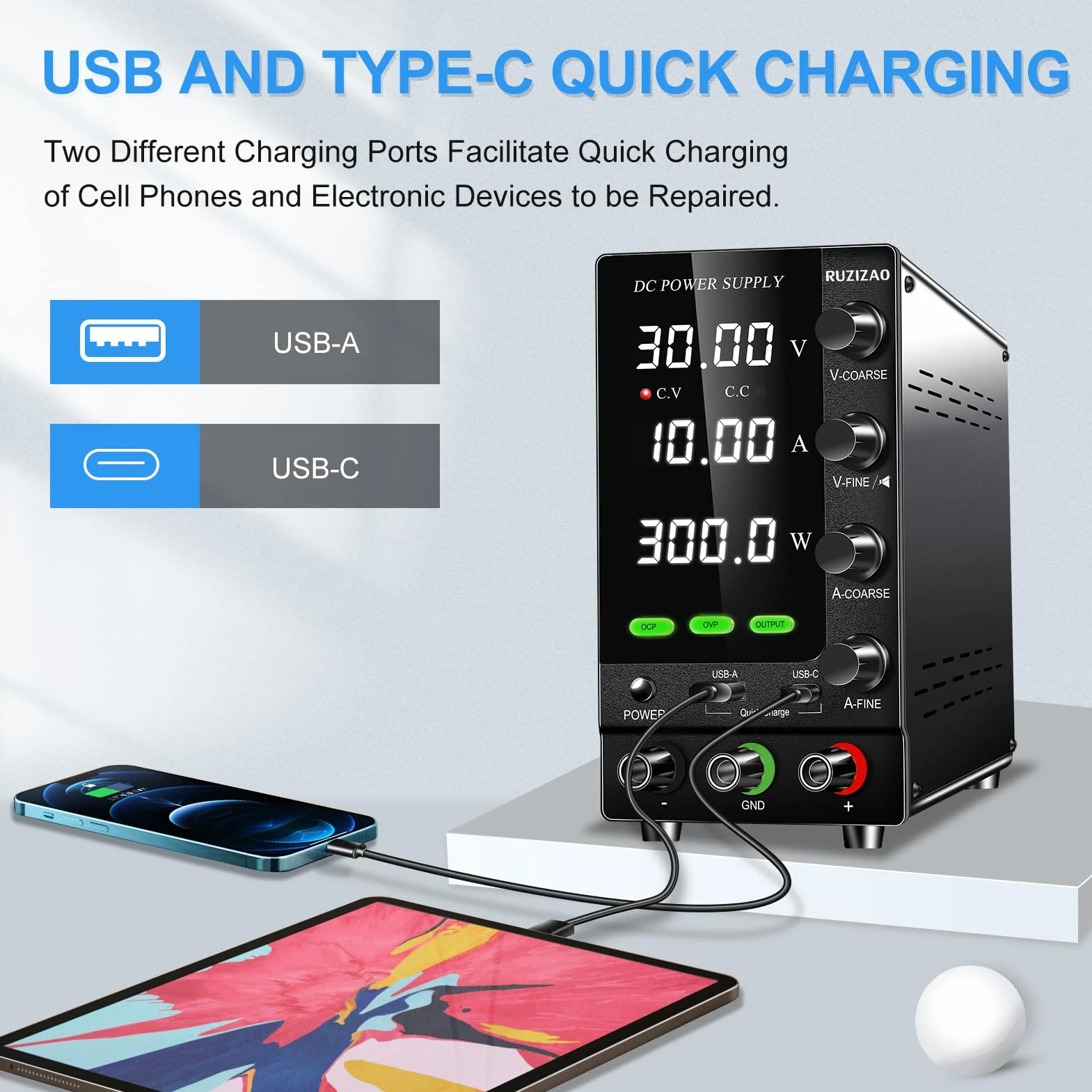 Alimentatore regolabile 30 V 10 A Alimentazione da Laboratorio con OCP/OVP/Output/Encoder/18 W USB di Ricarica Rapida, Alimentazione Banca per Test/Ricarica delle Batterie