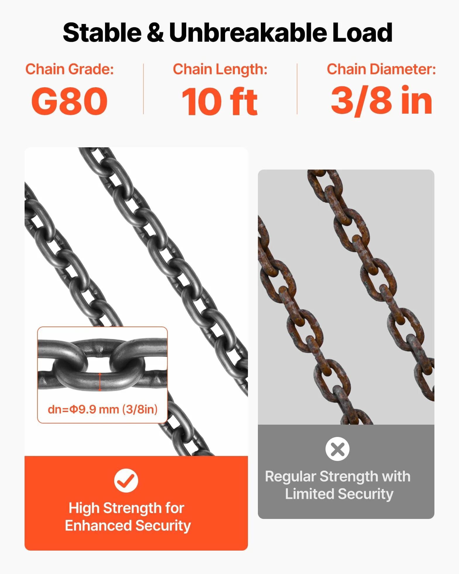 VEVOR Catene di Sollevamento con Ganci, Cinghia di Sollevamento a Catena, 10 mm x 3 m con Ganci di Presa a 4 Gambe, Catena per Gru in Lega di Acciaio G80, Capacità di 10,4 T, per Traino del Carico
