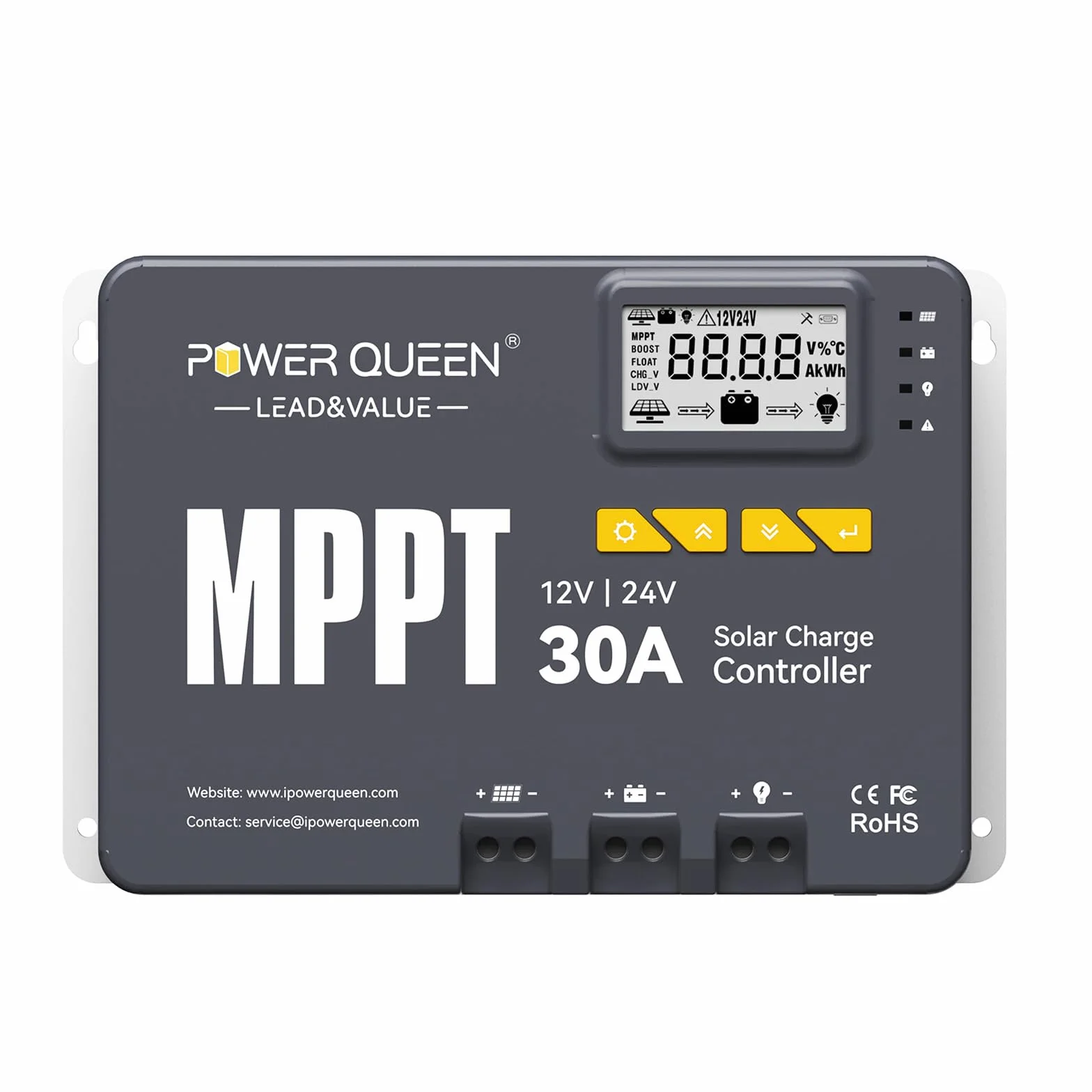 Power Queen 12/24 V 30A MPPT Regolatore di carica solare, potenza di ingresso max. 900 W, modulo Bluetooth integrato, display LCD, standard per batteria LiFePO4 e compatibile con batterie sigillate al