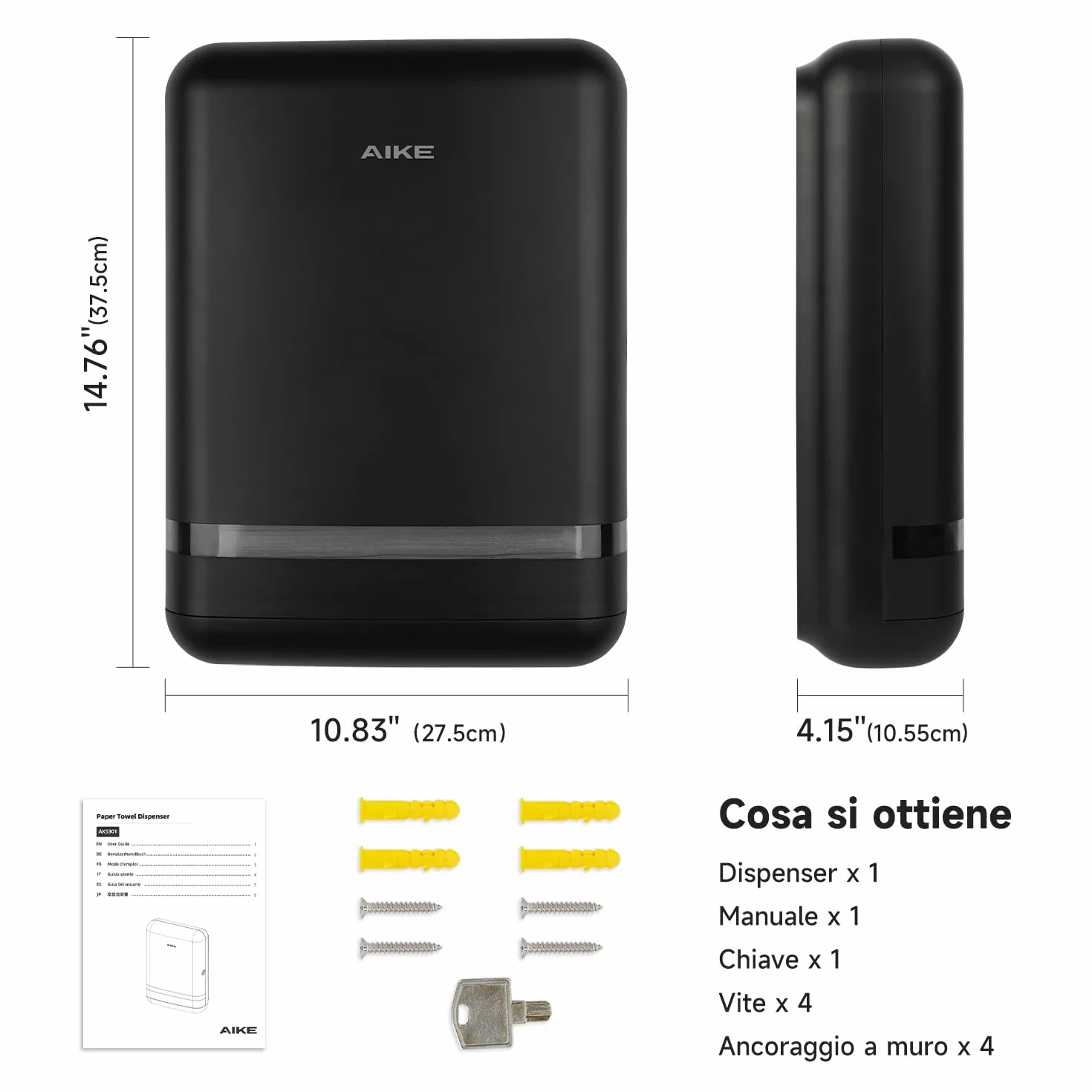 AIKE Commerciale Dispenser Carta Asciugamani Parete 400 Fogli per H2 & Z-Fold 23 x 9 cm