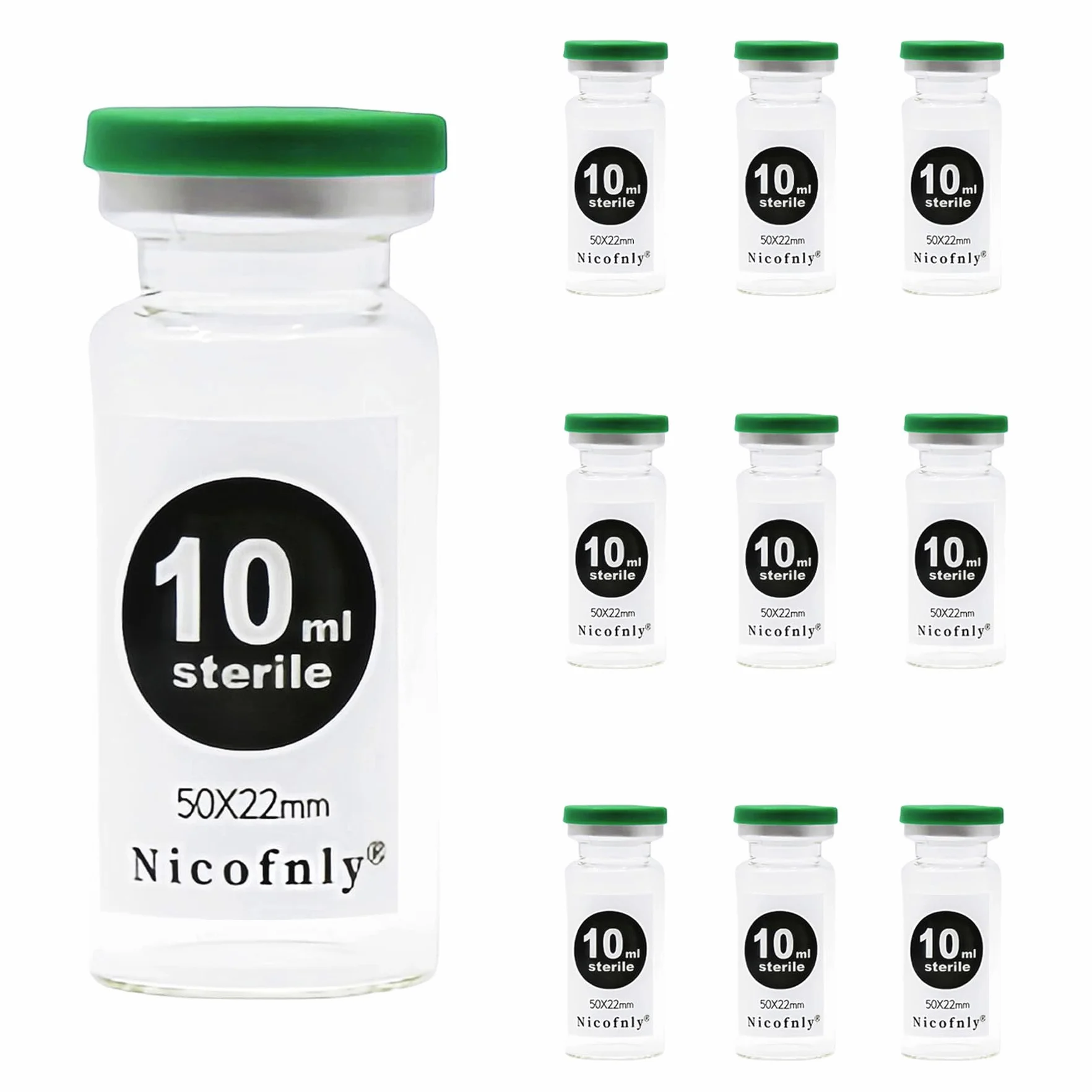 Fiale di vetro sterili da 10 ml con porta di iniezione autorigenerante e tappo a ribalta, confezione da 10