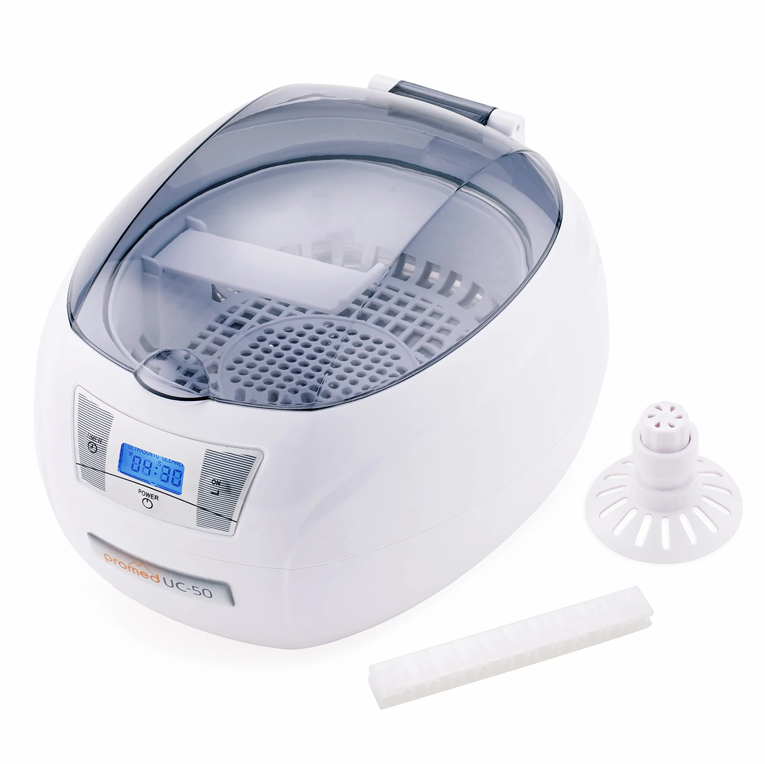 Promed UC-50 Pulitore Ultrasuoni - Dispositivo di Pulizia Gioielli, Utensili da Unghie, Occhiali, Oggetti - Alta Frequenza - Timer Automatico, LCD e Motore Silenzioso - Supporto per Orologio, Bit e CD