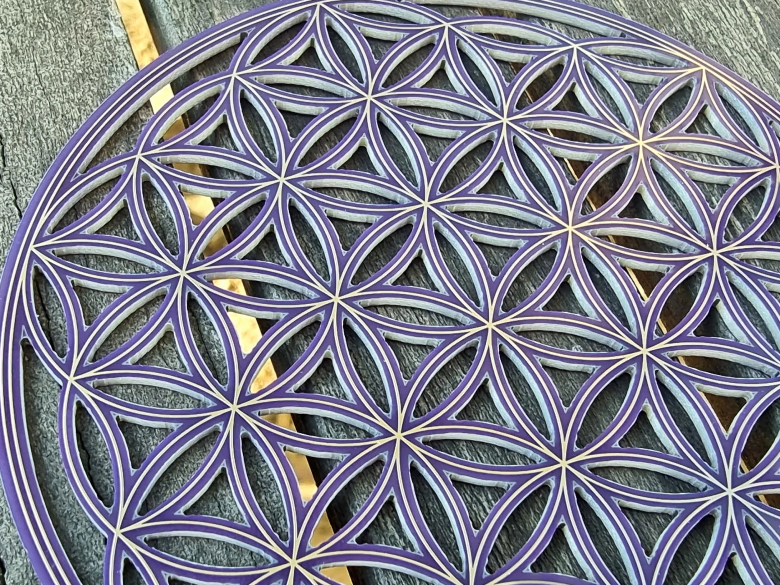 Disco Rame Placcato Oro a Forma di Fiore della Vita 10 cm 2 Lati Onde Scalari