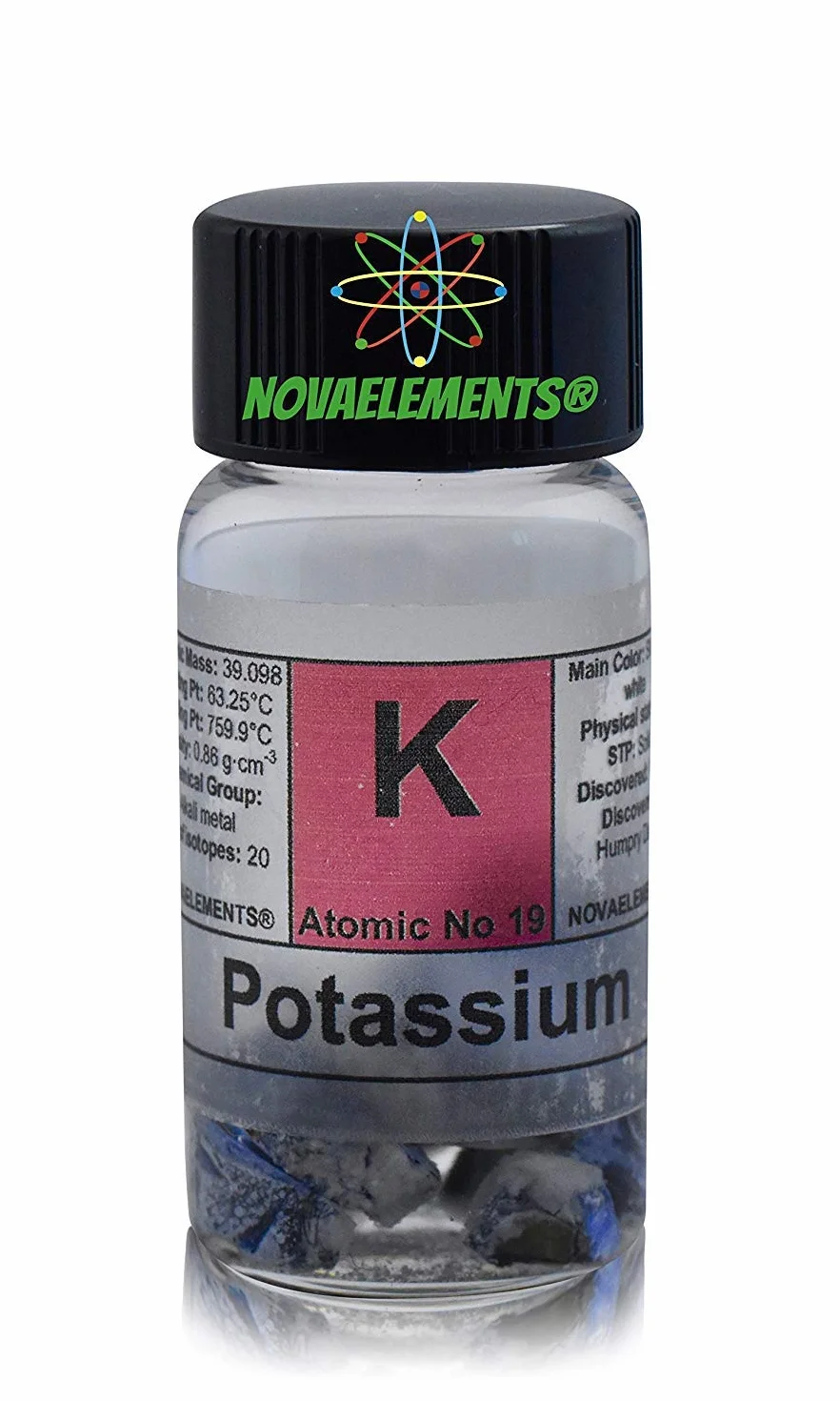 Potassio elemento 19 K, 1 grammo 99,8% in olio minerale in fiala di vetro con etichetta