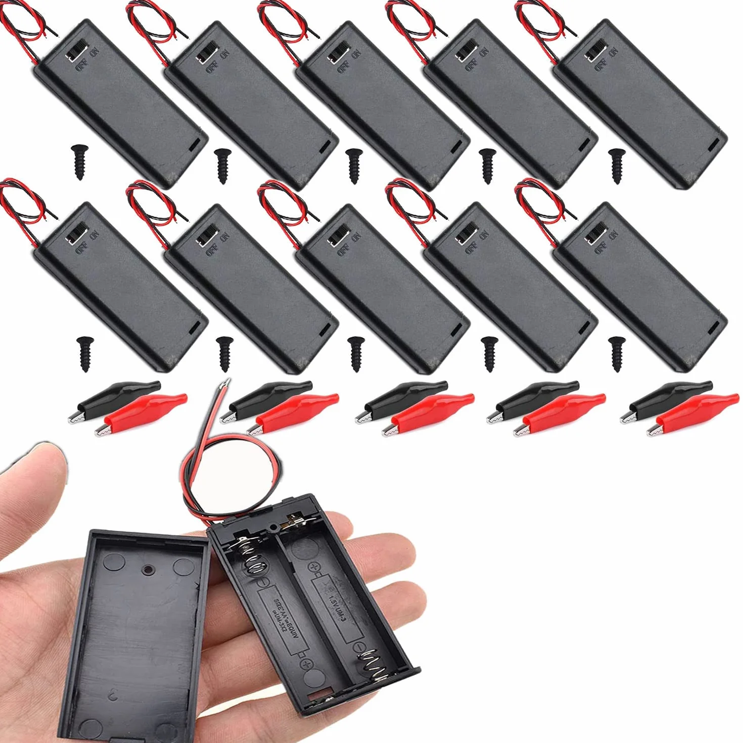 RUNCCI-YUN 10 Pezzi Portabatterie AA 2x 1.5V,Portabatterie Scatola Portabatterie in Plastica con Coperchio Della Custodia Cavo Interruttore ON/OFF + 10 Clip a Coccodrillo