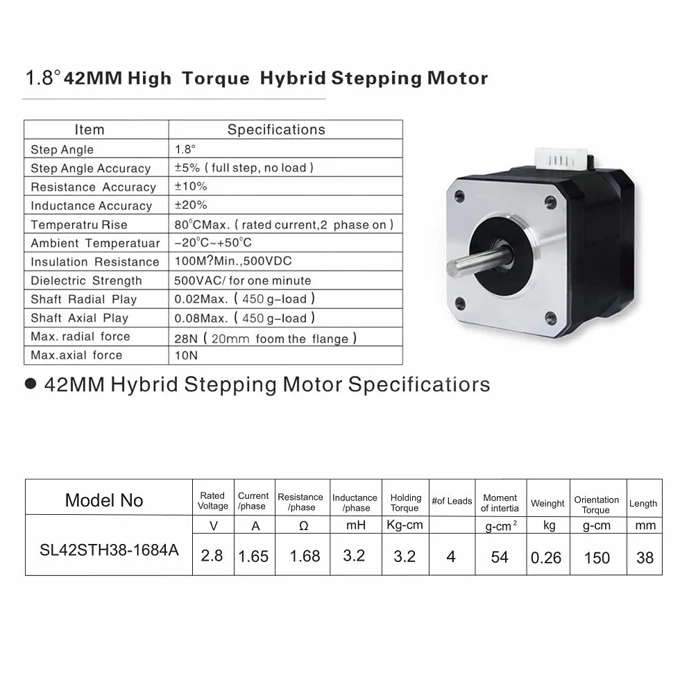 Nema 17 motore passo-passo 5PCS 42 x 38 mm 1.5A-3.8V 2 fasi 4 fili 1.8 gradi con 39 pollici cavo per Creality CR-10 10S Ender 3 stampante 3D/CNC estrusore e asse Y