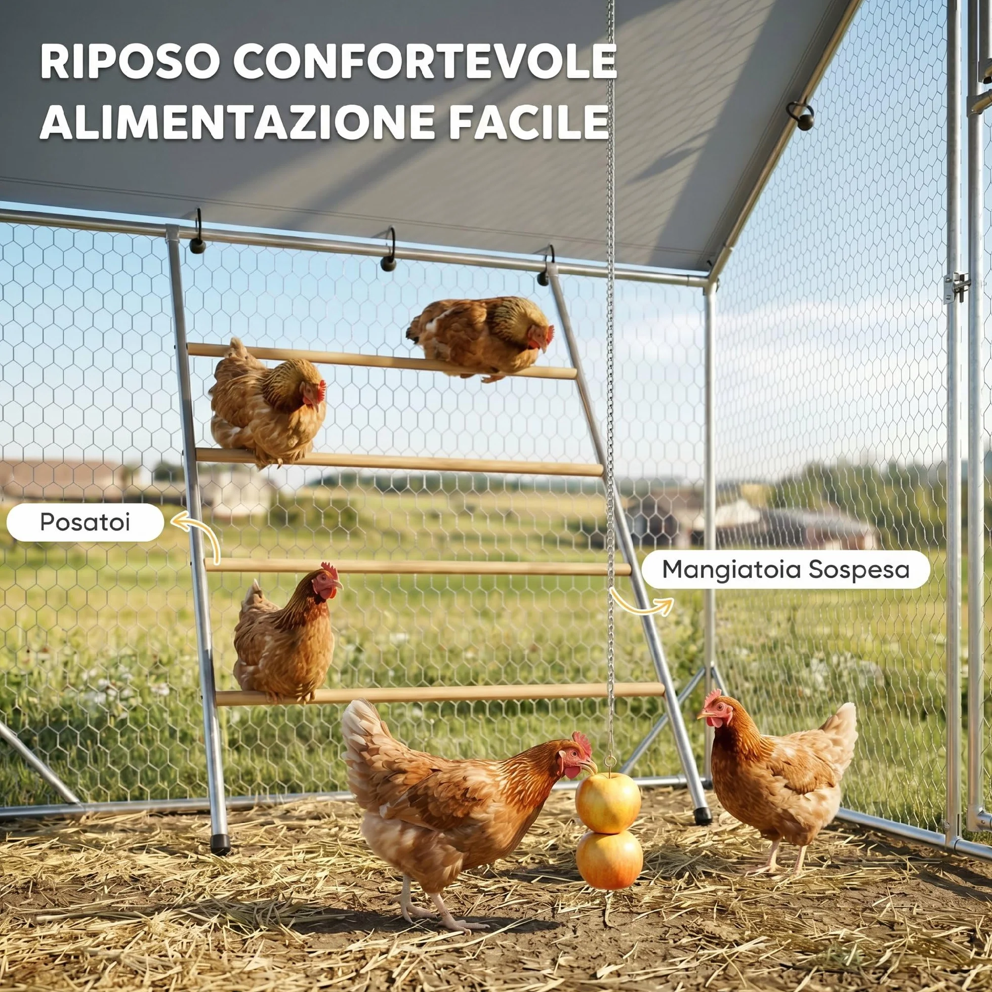 PawHut Pollaio per Galline da Esterno, 3x2x2 m 6 m² Recinto per 6-8 Galline in Acciaio Zincato, Gabbia per Polli con Tetto Impermeabile Anti-UV Mangiatoia Posatoio Serratura, Piccoli Animali Conigli