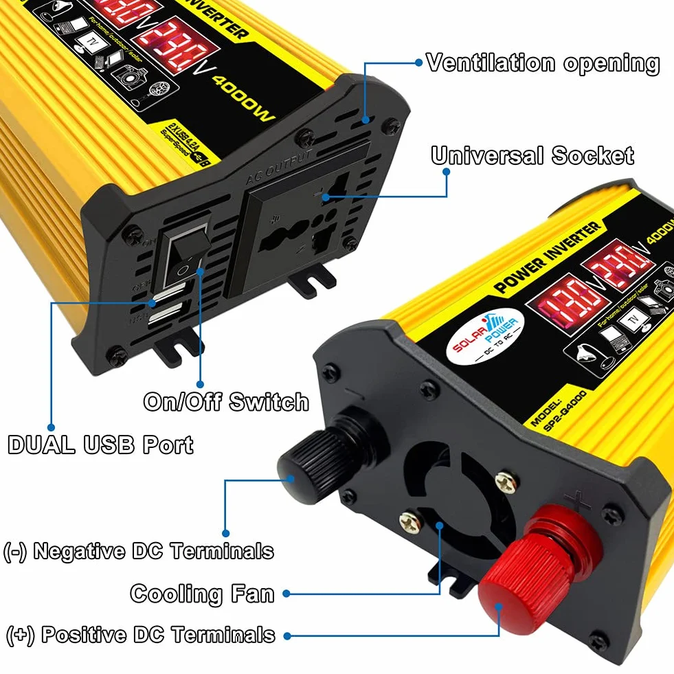 4000 W Car Power Inverter DC 12 V AC 110 V 220 V Convertitore Solare Nero