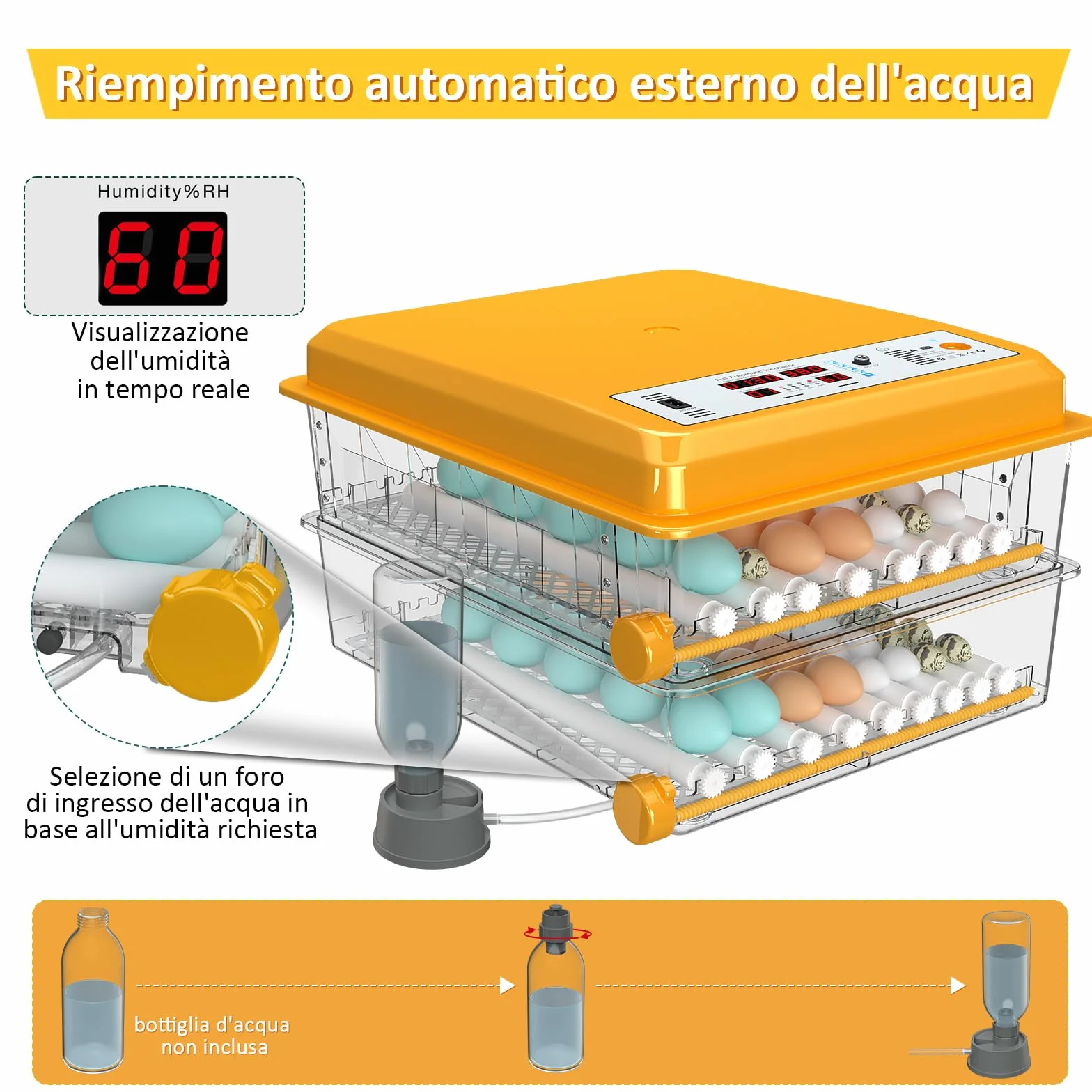 Incubatrice per Uova Automatica, Incubatrice per 120 Uova, Rotazione Automatica, Monitoraggio dell'umidità, Controllo Temperatura, 5 Modalità di Incubazione Automatica, Giorni d'incubazione