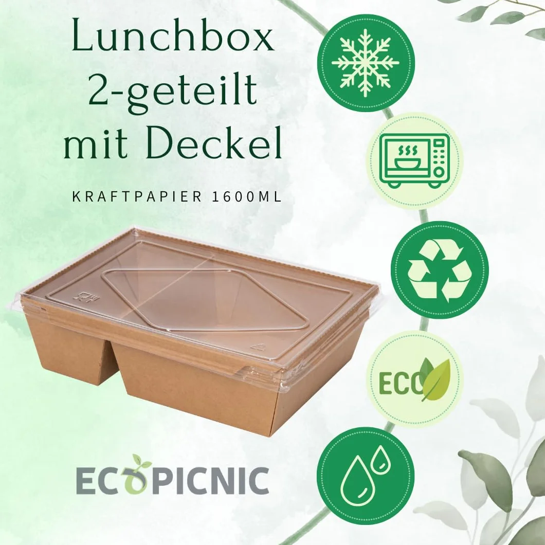 Lanchbox Carta Kraft Coperchio Trasparente 2 Scomparti 1600 ml Confezione 50 Pezzi Scatole Alimenti Asporto
