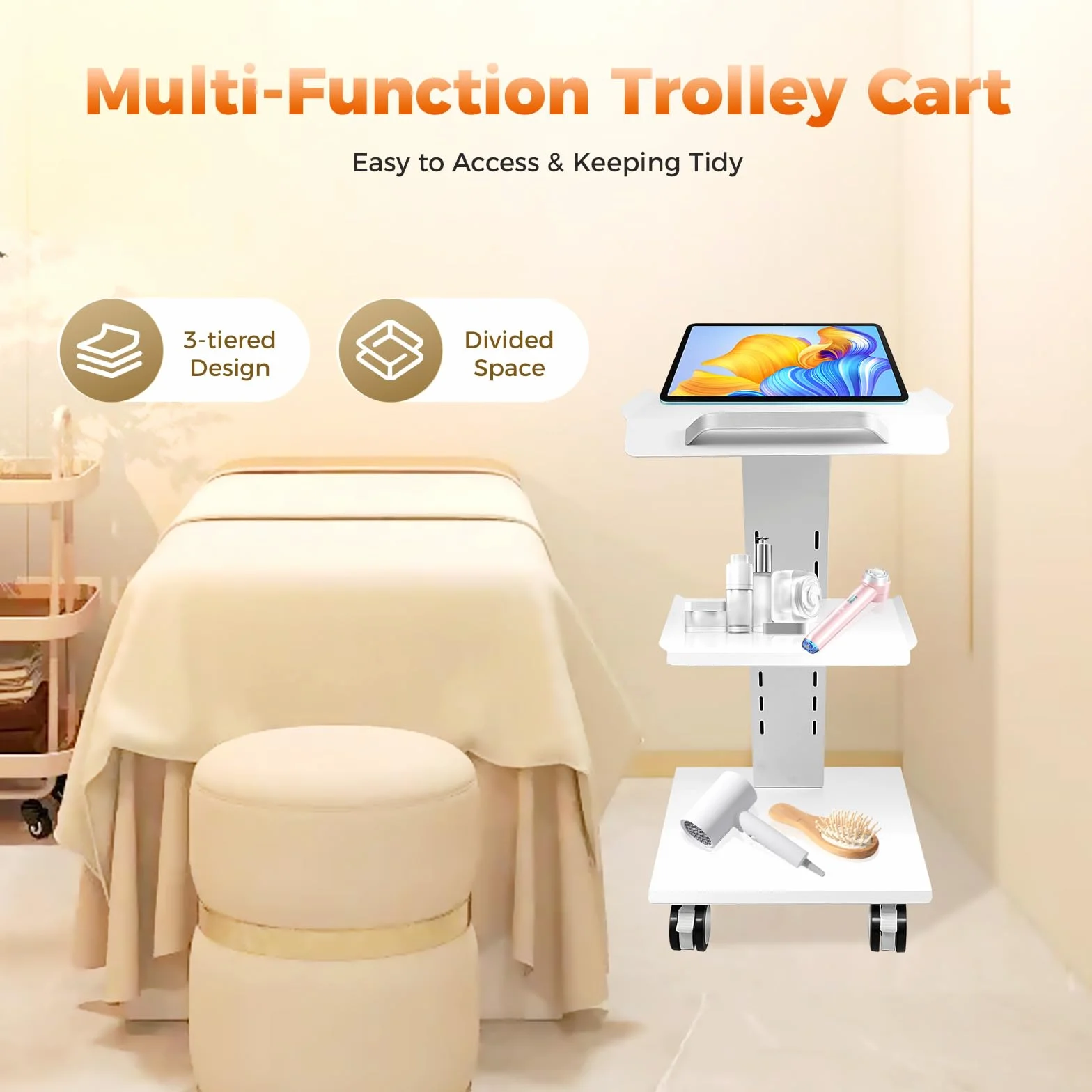 Carrello a rotelle per dispositivi medici, carrelli portatili, tavolino con ruote, dentista, carrello dentale, carrello a 3 livelli, bianco