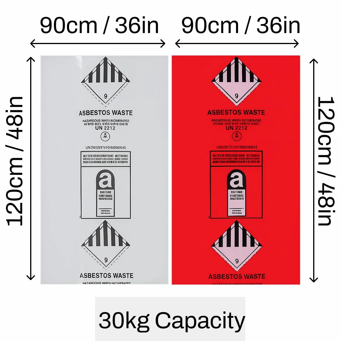 Sacchetti per rifiuti di amianto resistenti, 120 x 90 cm, contrassegnati UN2212/UN2590, capacità 30 kg, confezione da 5, resistenti agli strappi, colore: rosso e trasparente (5)