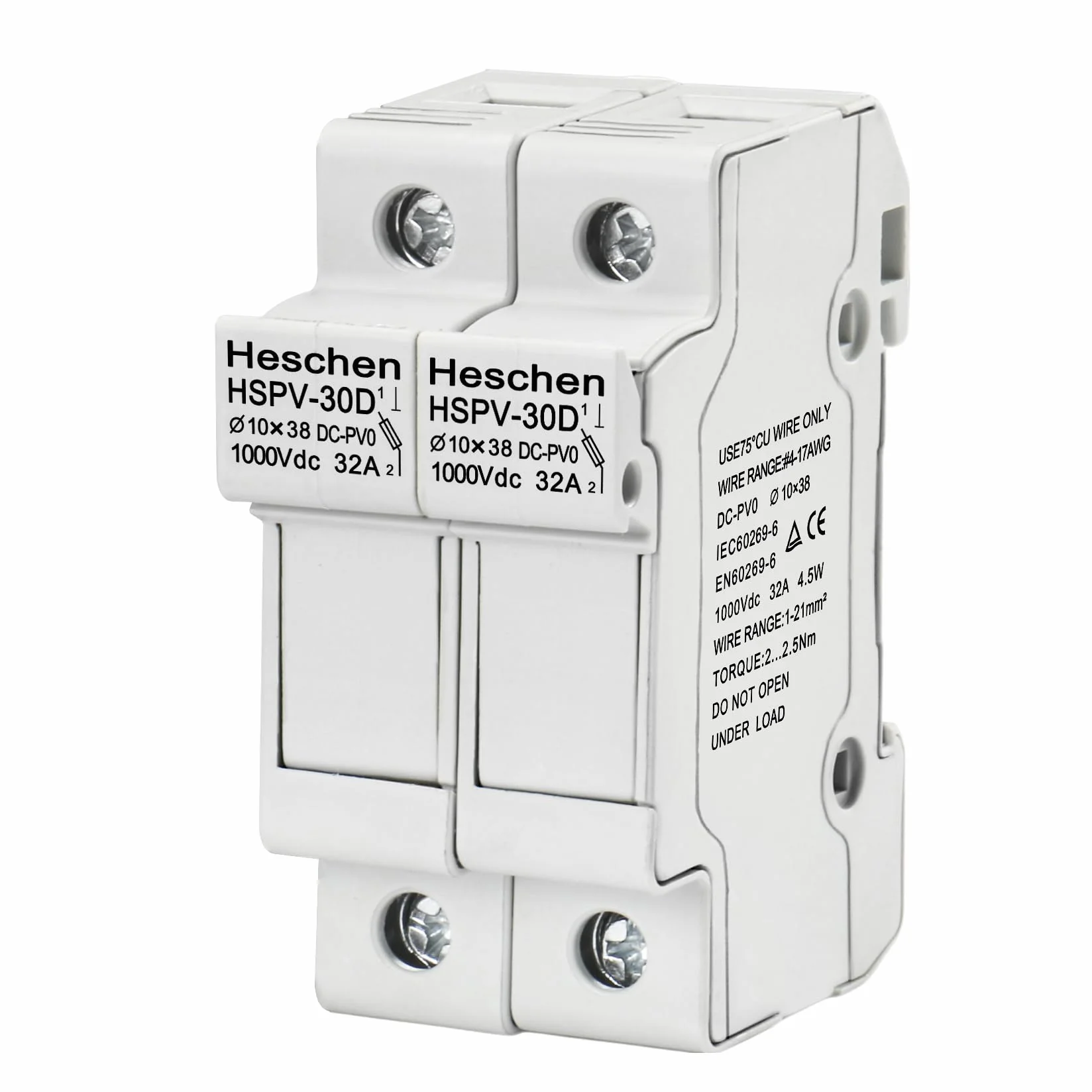 Heschen Portafusibili solare/fotovoltaico, portafusibili PV, HSPV-30D, DC1000V 32A, 2 poli, montaggio su guida DIN da 35mm, per fusibile HSPV-30 ST-10PV 10 * 38 mm, CE Listed (1)