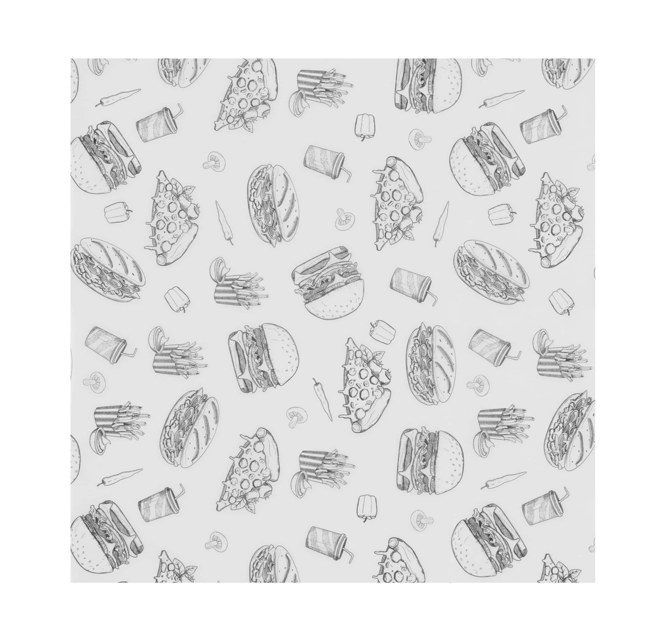 HENDI Carta alimentare antigrasso, confezione da 500 fogli, resistente ai grassi, carta cerata in bianco e nero con illustrazioni di hamburger per avvolgere o servire alimenti, 305x305mm