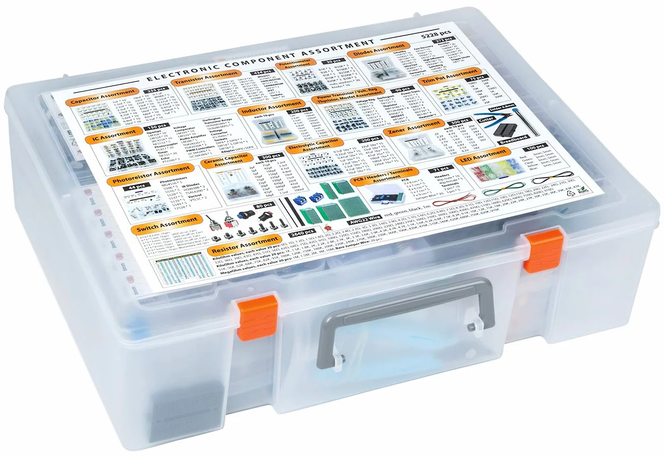 Scatola di componenti elettronici XXXL 5228 pezzi, condensatori, transistor, potenziometri, diodi, circuiti integrati, induttori, regolatori, mosfetti, barattoli di rivestimento, LED, PCB,