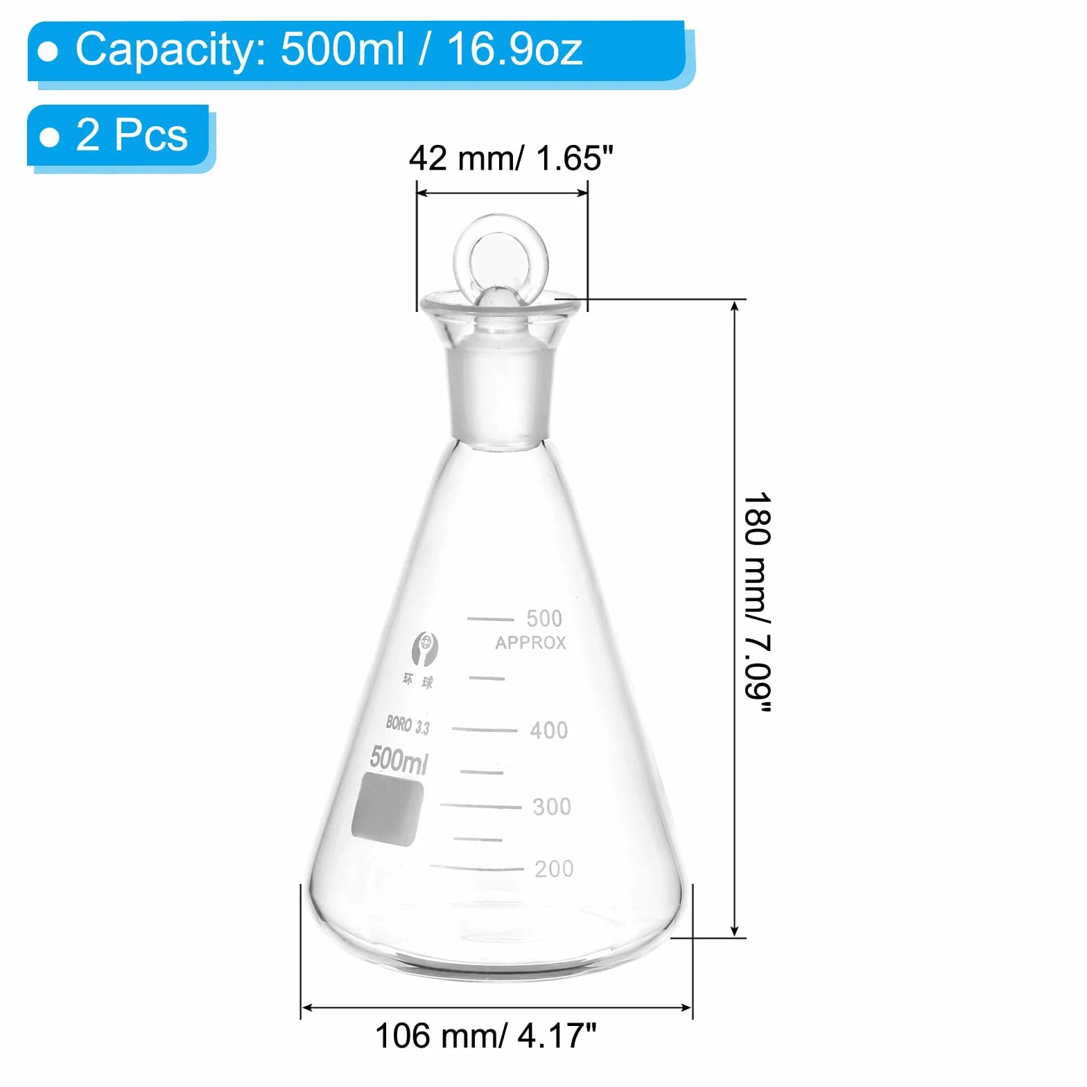 PATIKIL Pallone Di Erlenmeyer 2 Pezzi 500ml 16.9oz Bocca Stretta Con Tappo In Vetro Palloni Graduati In Vetro Borosilicato Con misura Stampata Per Esperimenti Di Chimica Scienza