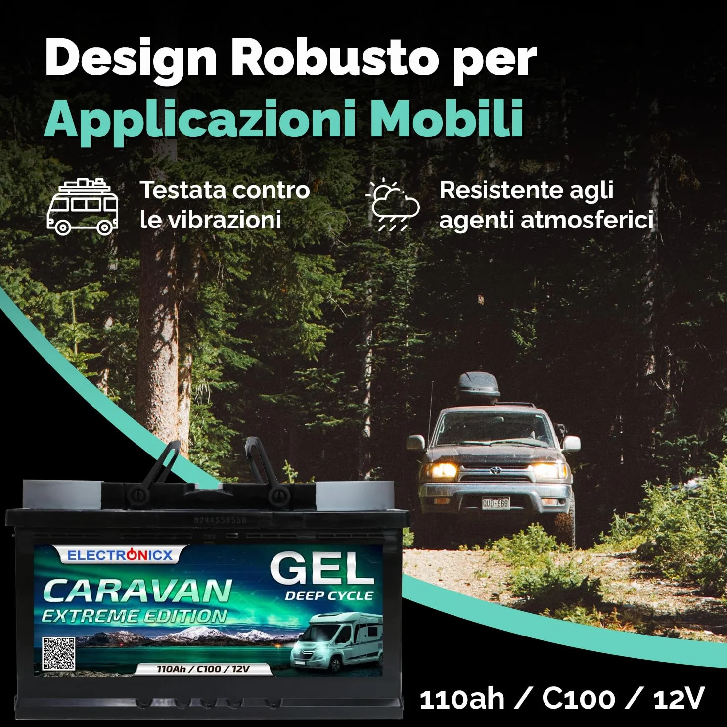 Electronicx Batteria di alimentazione GEL Caravan Extreme 12V 110Ah – 315x175x190 mm – Barca, van, camper, roulotte, batteria da campeggio – polo positivo a destra – senza manutenzione