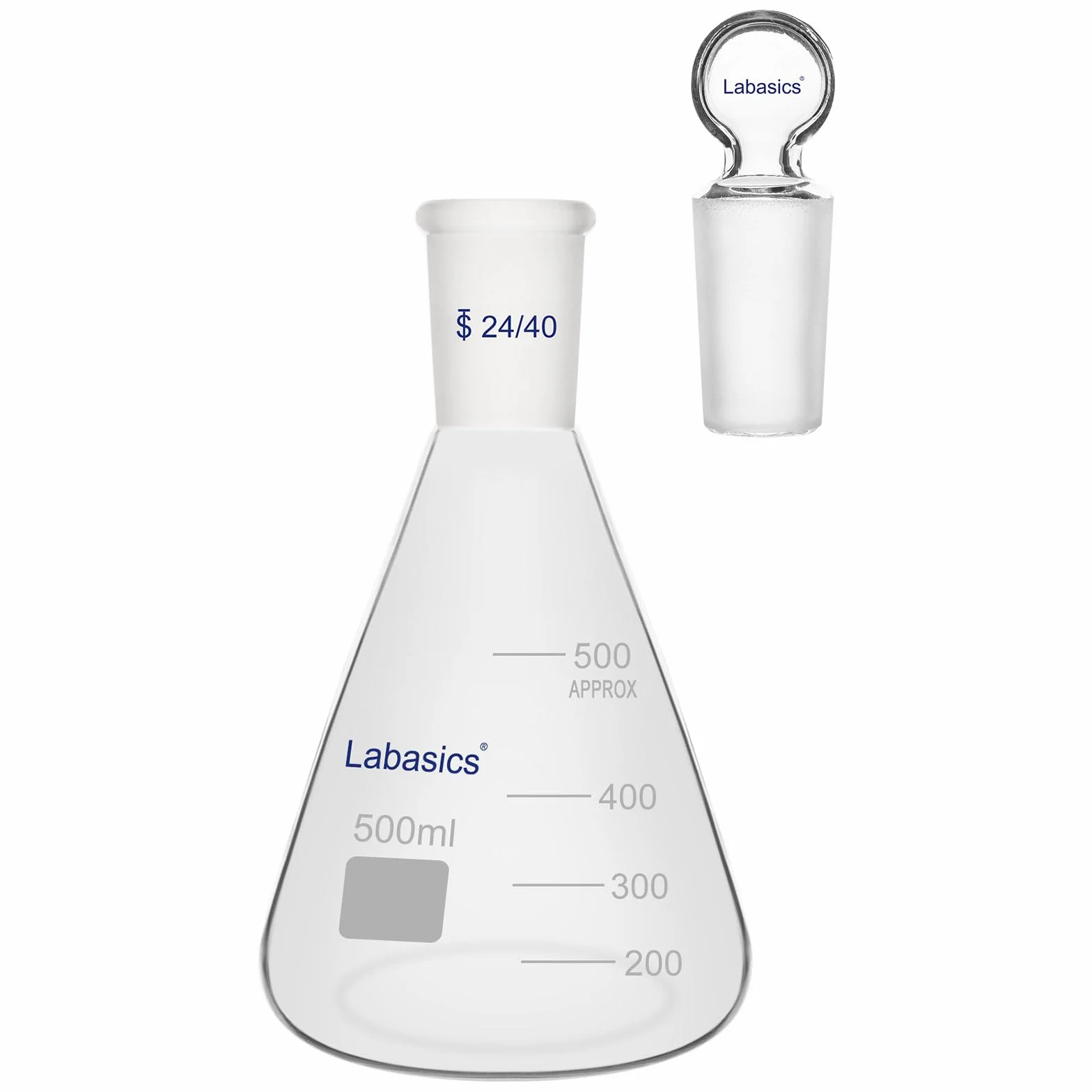 Labasics Flask Erlenmeyer in Vetro Borosilicato con Tappo a Giunto 24/40, Flask Conico per Miscelazione e Conservazione di Reagenti da Laboratorio, 500 ml