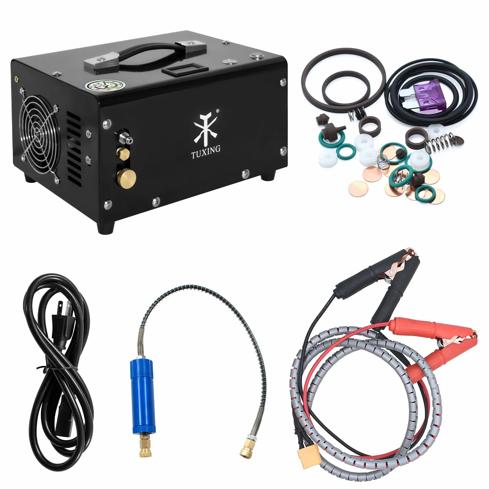 TUXING PCP compressore d'aria, olio/senza acqua, PCP fucile/pistola e Paintball serbatoio pompa d'aria, alimentato da 12V auto DC o casa 220V AC con convertitore di potenza e