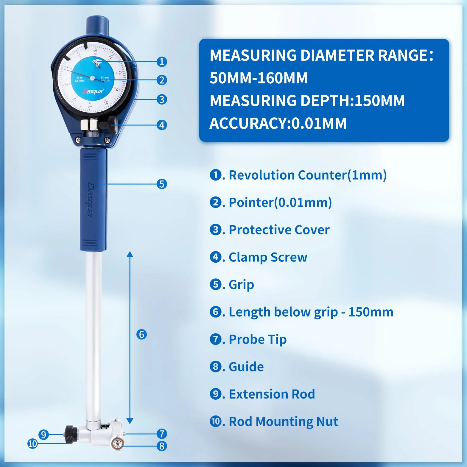 Dasqua Alesametro con Comparatore Centesimale - Scala di Misura da 50 a 160 mm - Graduazione di 0.01 mm - Punta di Carburo di Tungsteno - Robusto e Duraturo