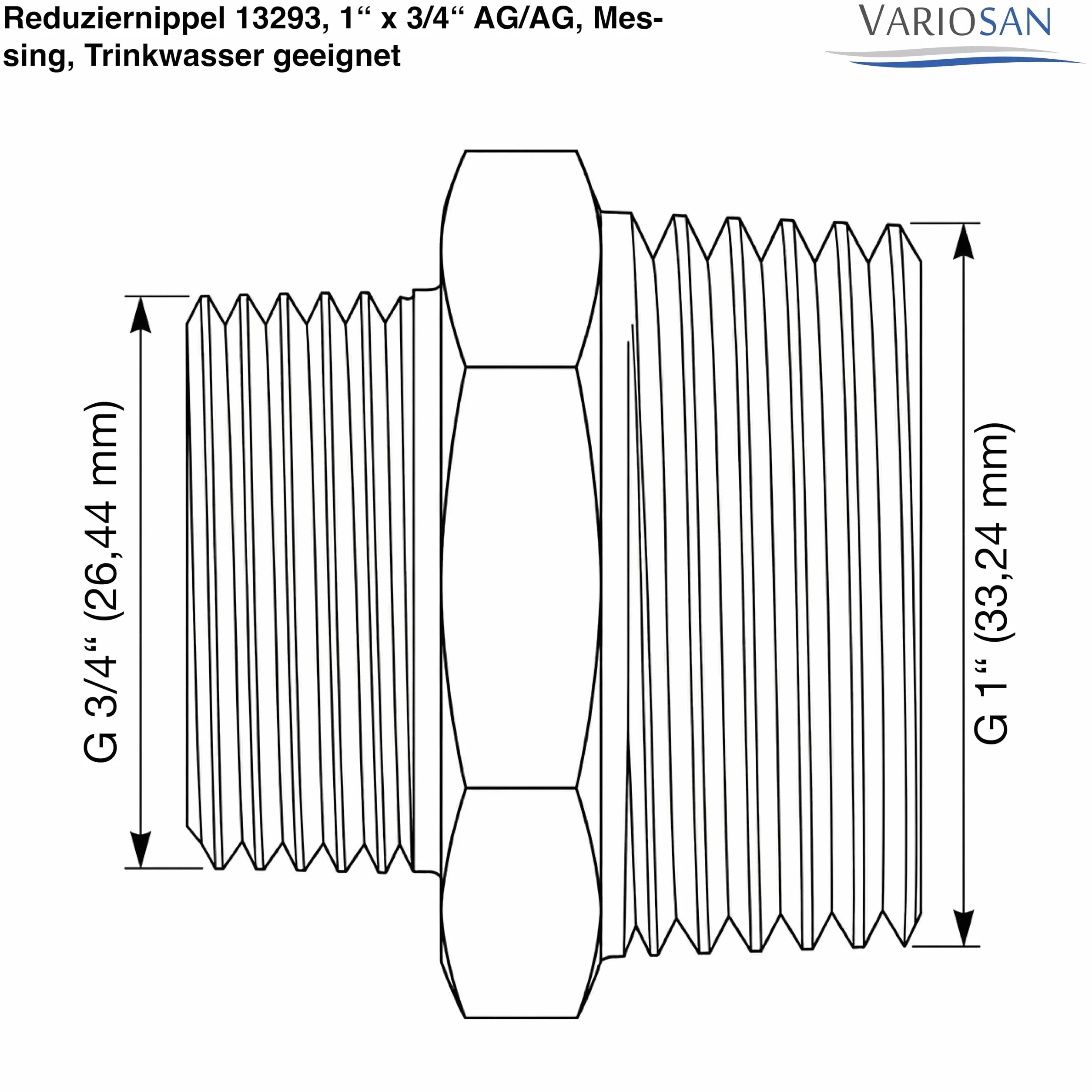 VARIOSAN Nipplo riduttore 1" x 3/4" AG/AG, ottone, acqua potabile