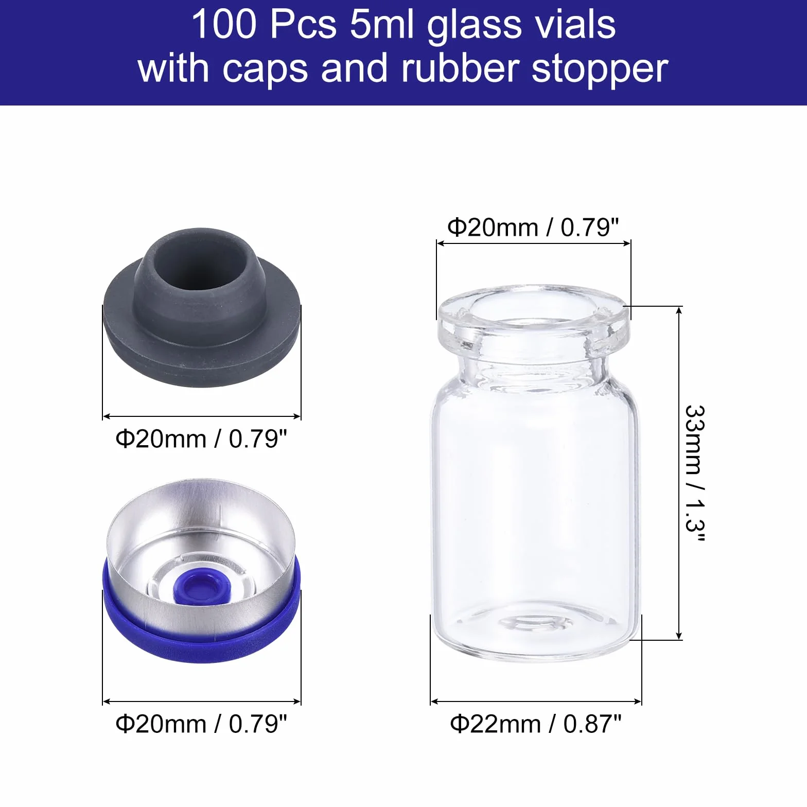 PATIKIL Fiale di Vetro 5ml 100pz Vuote Mini Trasparente con Tappi in Gomma per Iniezione Laboratorio