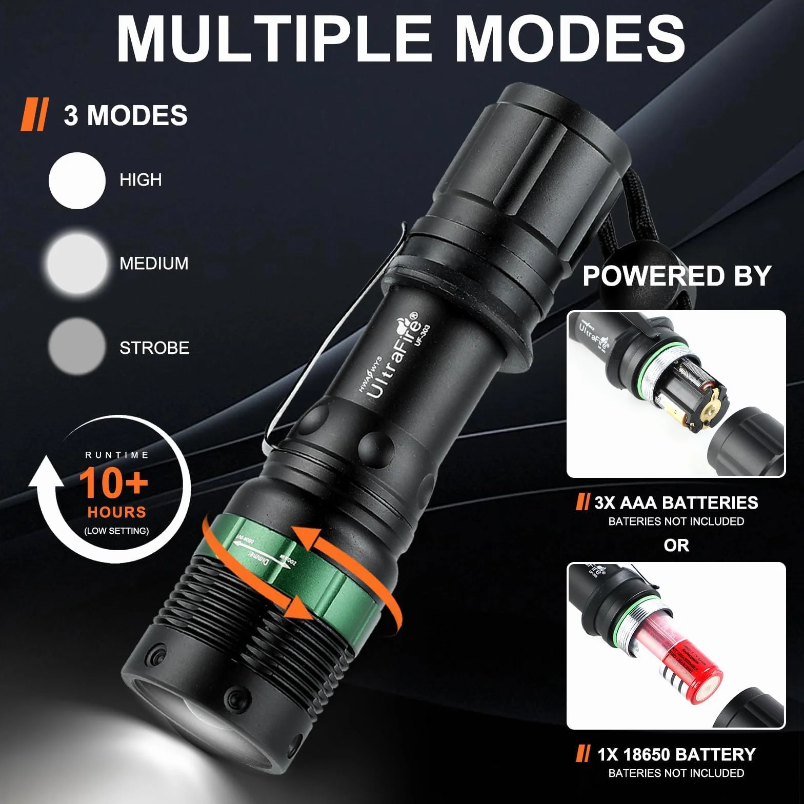 ULTRAFIRE Confezione da 2 torce a LED da 11 pollici, 3 modalità, torcia tattica, 250 lumen, asta di sicurezza per il controllo del traffico, aeroporto, guida auto, UF-303