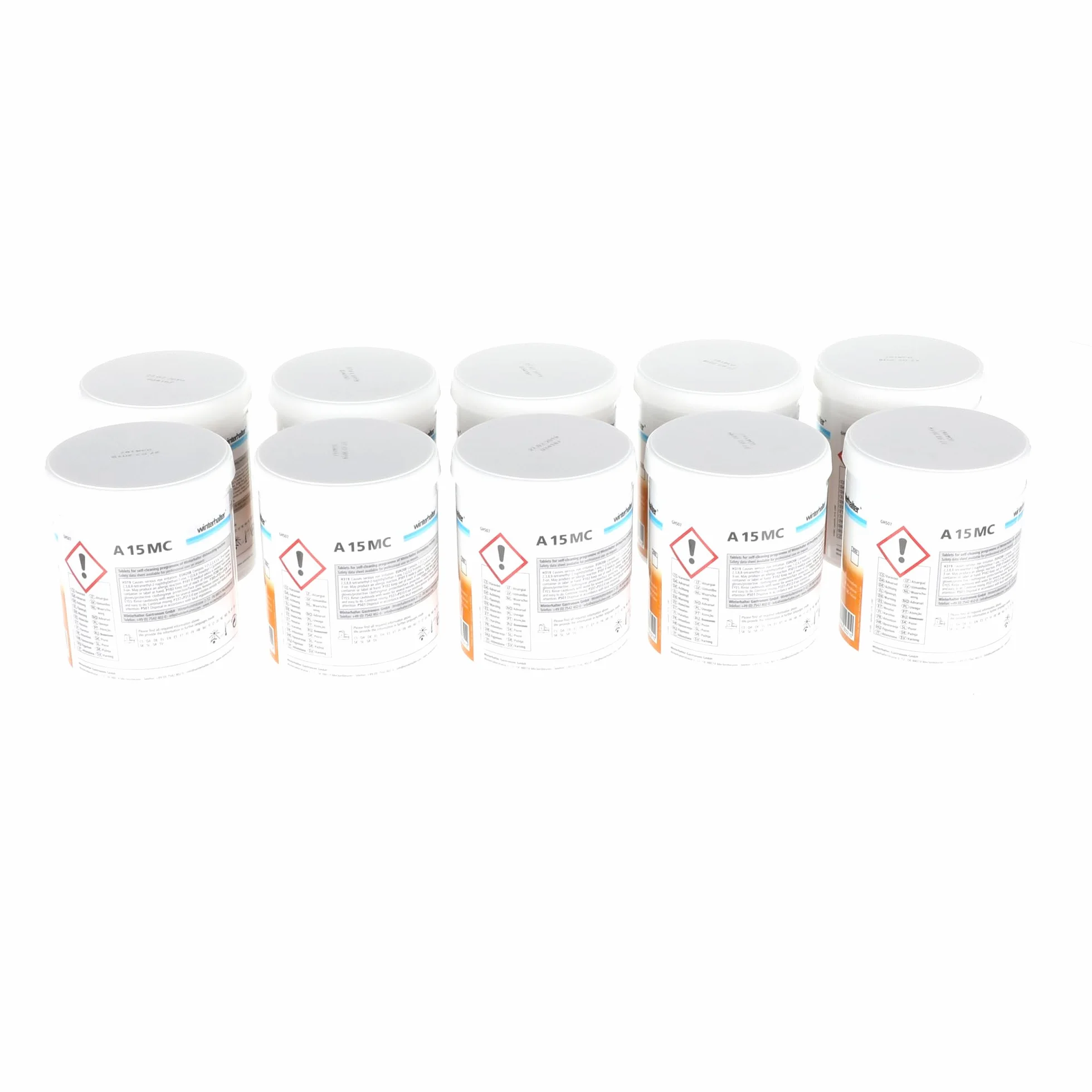 Winterhalter A15 MC Compresse detergenti per lavastoviglie 20006217 –Set convenienza: 10 lattine da 25 compresse detergenti per la ristorazione professionale, rimuove calcare, depositi e odori –A15 MC