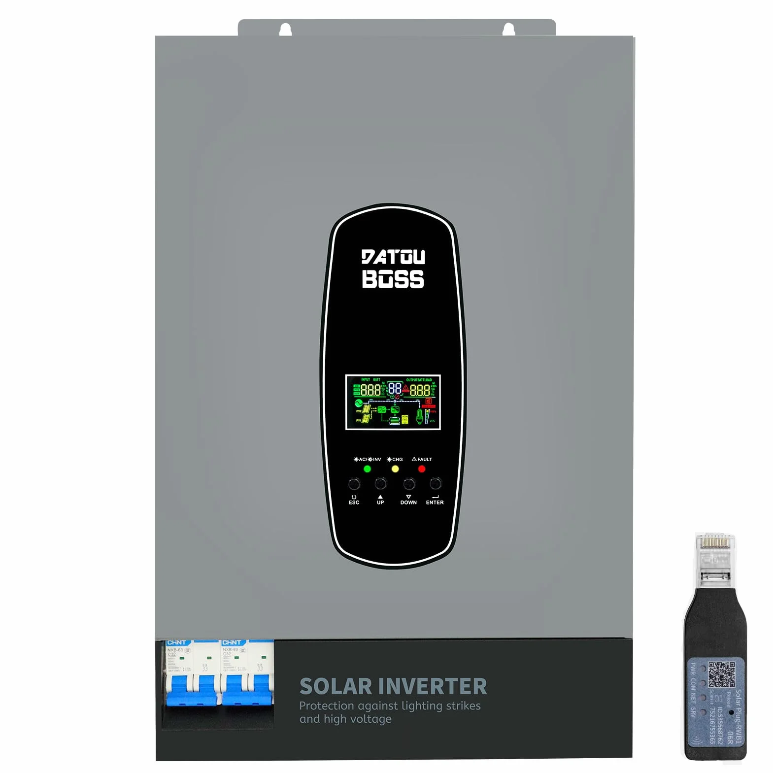 DATOUBOSS Inverter solare ibrido da 6000 W, 48 VDC a 230 V, inverter sinusoidale puro con 120 A, ingresso fotovoltaico da 8000 W, grado di protezione IP54 e supporta più unità in parallelo.