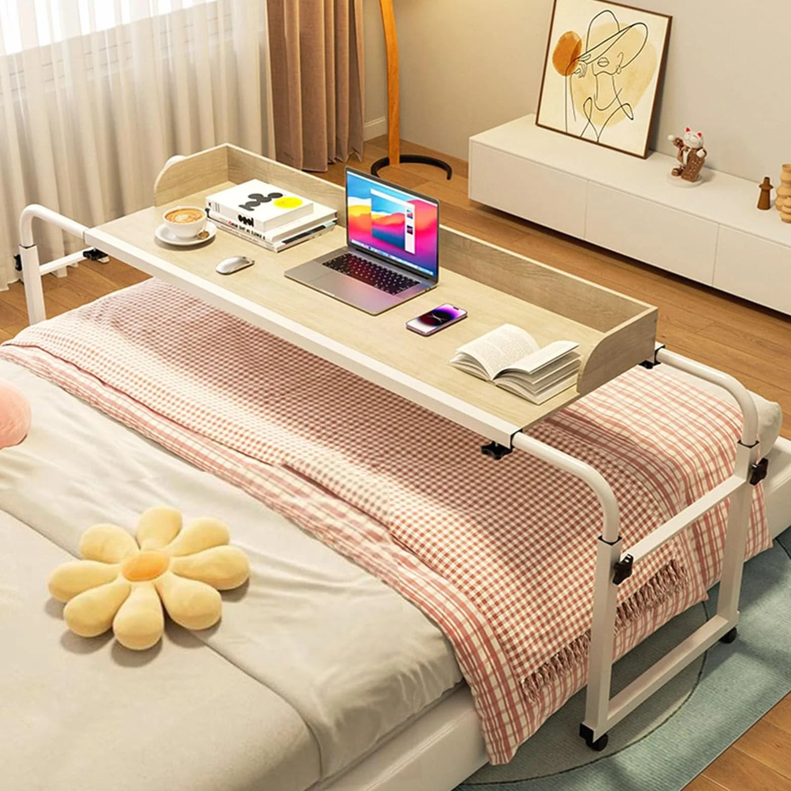 Tavolino Mobile da Tavolo Infermieristico a Croce, Tavolino da Letto e Divano Ruote Tavolo da Computer per Mangiare sul Letto con Lunghezza e Altezza Regolabili(Color:Legno)