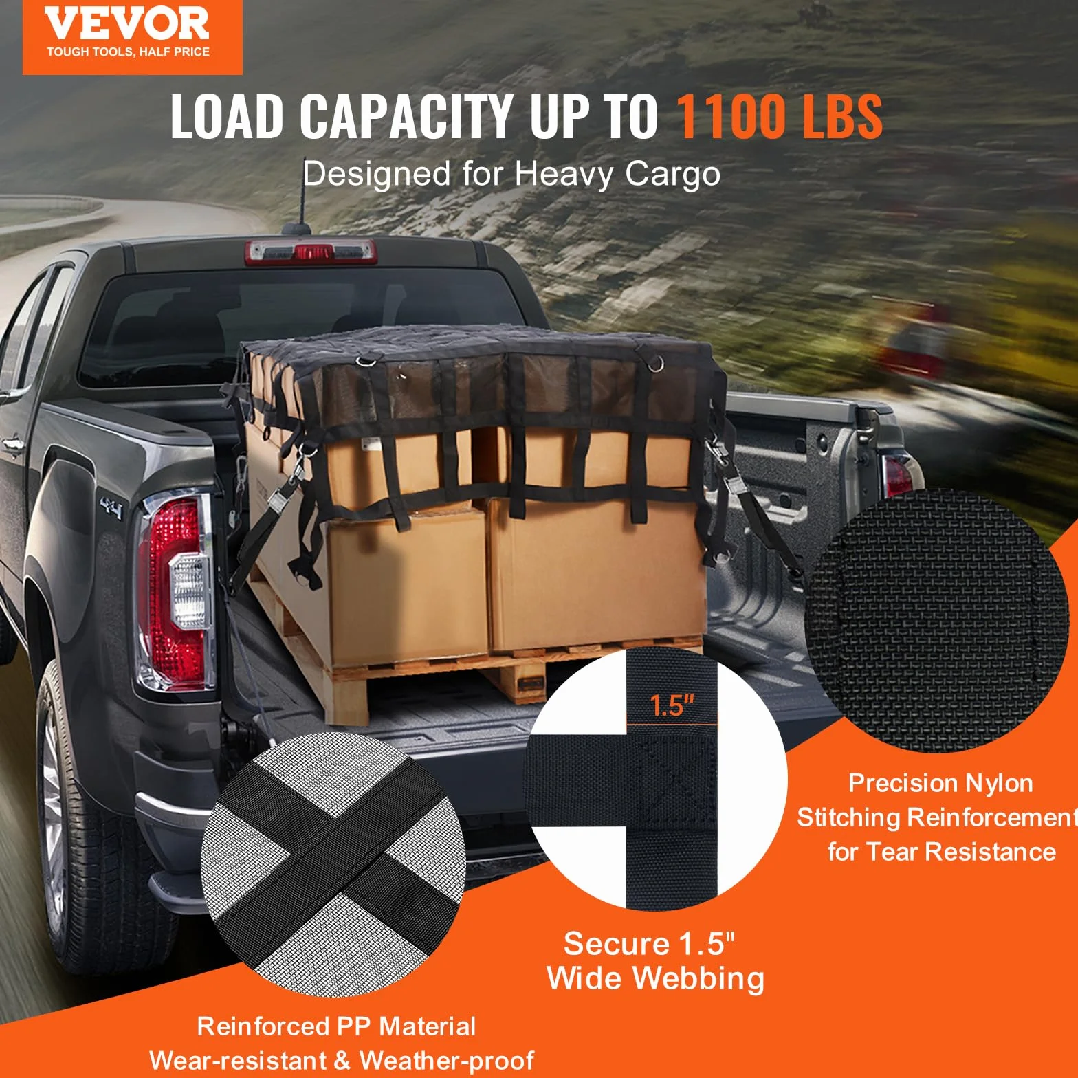 VEVOR Rete di Carico, 1830 x 1450 mm Rete di Carico per Camion ad Alta Resistenza per Cassone di Camion, 4 Cinghie Regolabili, Moschettoni e Ganci a S, Resistente all'Usura e alle Intemperie, per SUV