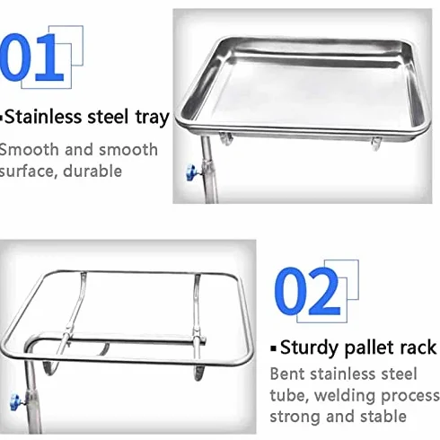 Carrello per strumenti chirurgici – vassoio mobile rimovibile in acciaio inox, altezza regolabile con coperchio piatto per attrezzature e forniture