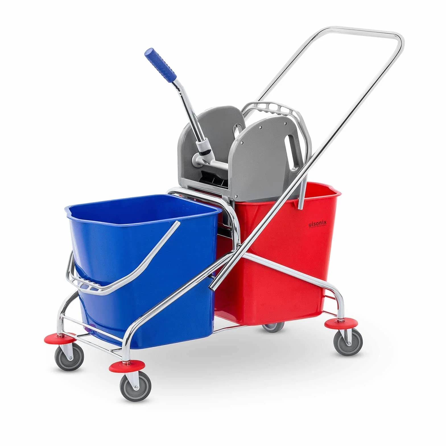 Secchio Lavapavimenti Professionale Con Strizzatore Secchio per Pavimento UNICLEAN 3 (2 Secchi, 48 L, Acciaio Cromato, Blu, Rosso)