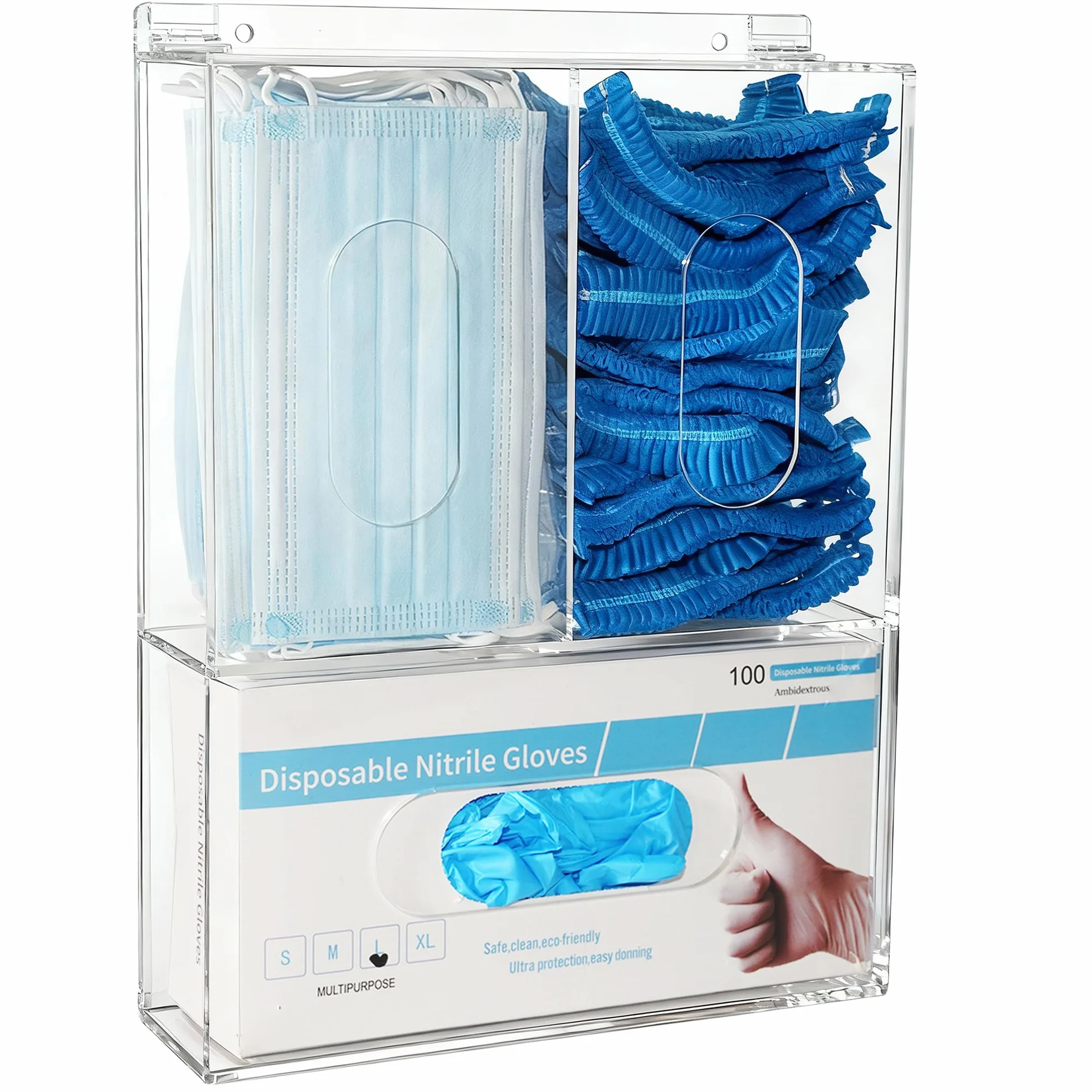 Dispenser per guanti usa e getta, a tre guanti, a rete per capelli, con coperchio per organizer da parete per alimenti, laboratorio, ufficio medico, trasparente