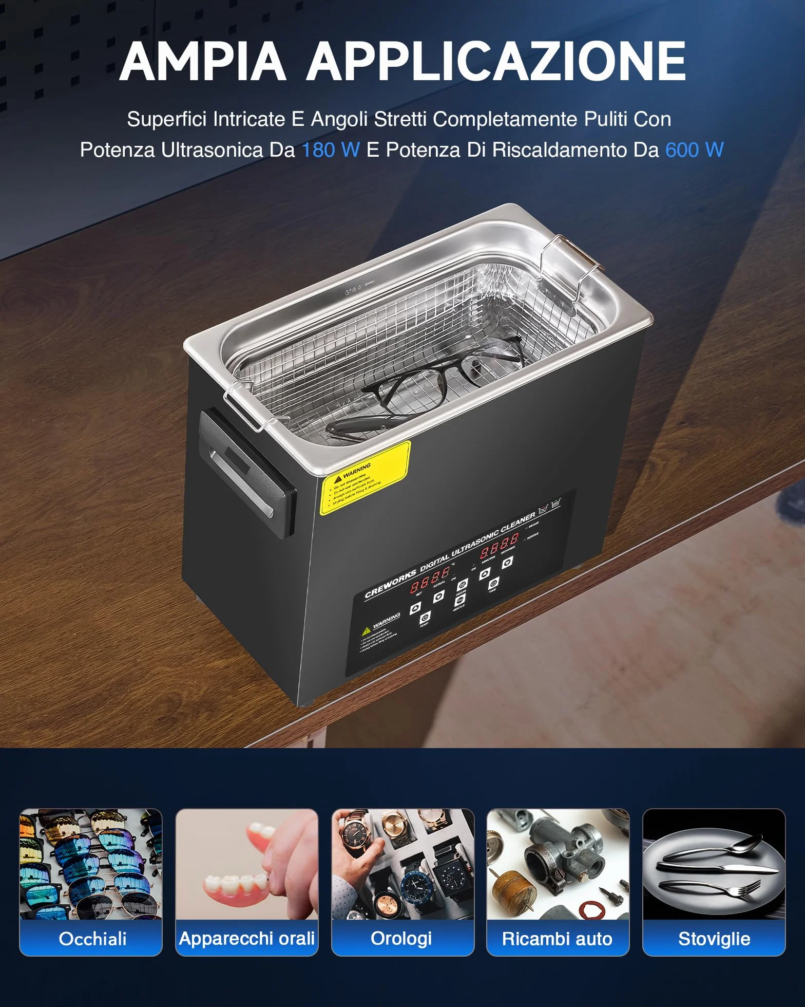 CREWORKS 6.5L Pulitore Ultrasuoni con Modalità Degas e Delicata Timer, 180W Pulizia Ultrasuoni con Timer, Pulitore Ultrasuoni Professionale per Ricambi Auto, Occhiali, Gioielli, Dentiere (6.5L 180W)