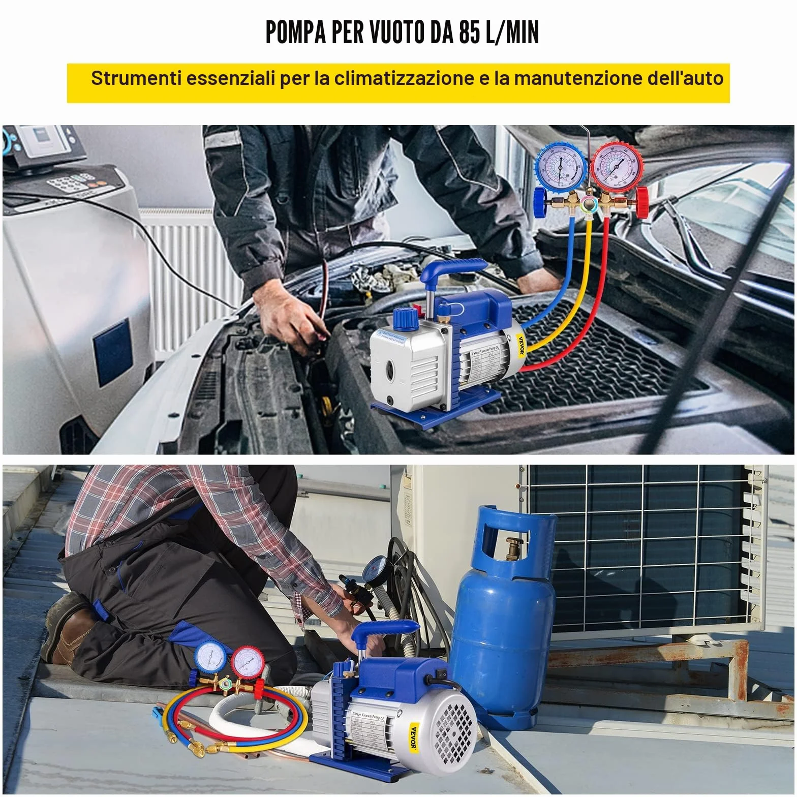 Mophorn 3CFM Pompa per Vuoto, 1/4 HP 85 Lt/min Pompa per Vuoto Frigorista HVAC Set di Misuratore di Collettore CA/CC, Pompa a Vuoto Aria Condizionata a 1 Stadio per Refrigerante e Degasaggio