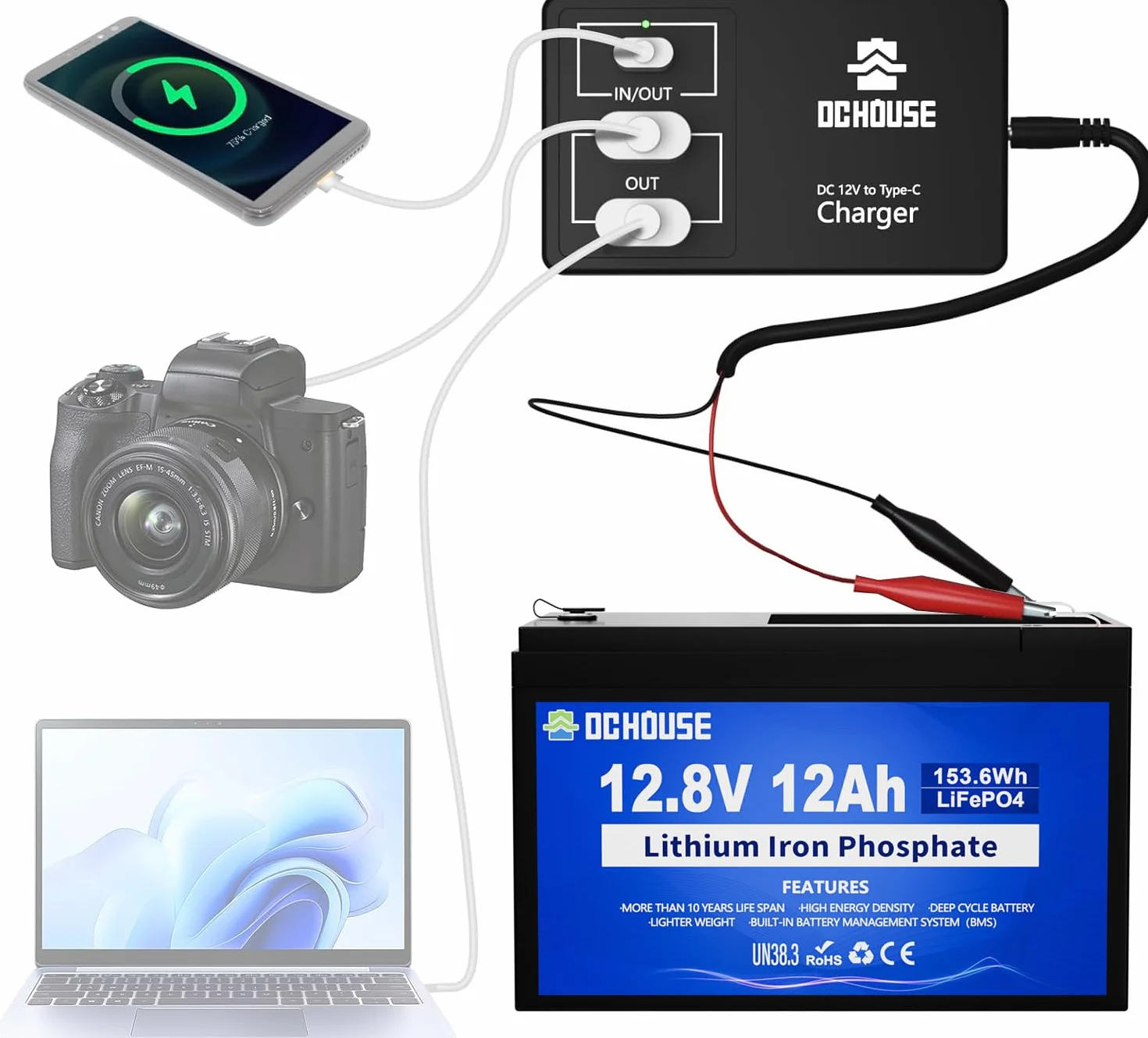 DCHOUSE Batteria Litio 12V 12Ah con Caricatore USB Multi-Porta 2 in 1 | BMS 15A Protezione, Convertitore 12V per Fish Finder, Campeggio, Radioamatori, Power Wheels, RV