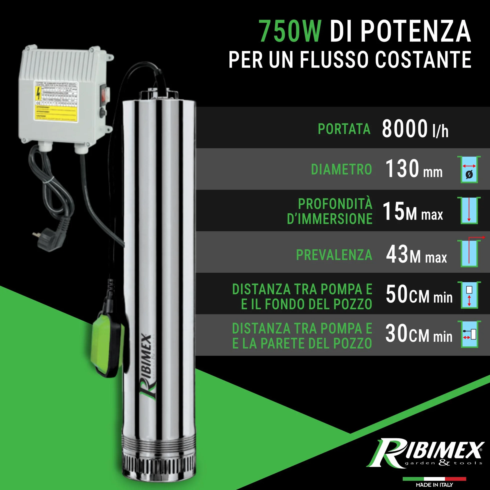 Ribimex Pompa Sommersa per Pozzi 4 Turbine, Acque Chiare, 750W, Portata 8000L/h, Immersione Max 15 m, Prevalenza 43 m, in Acciaio Inox, Ideale per Pozzi, Cisterne e Serbatoi - PRPVC751/43F