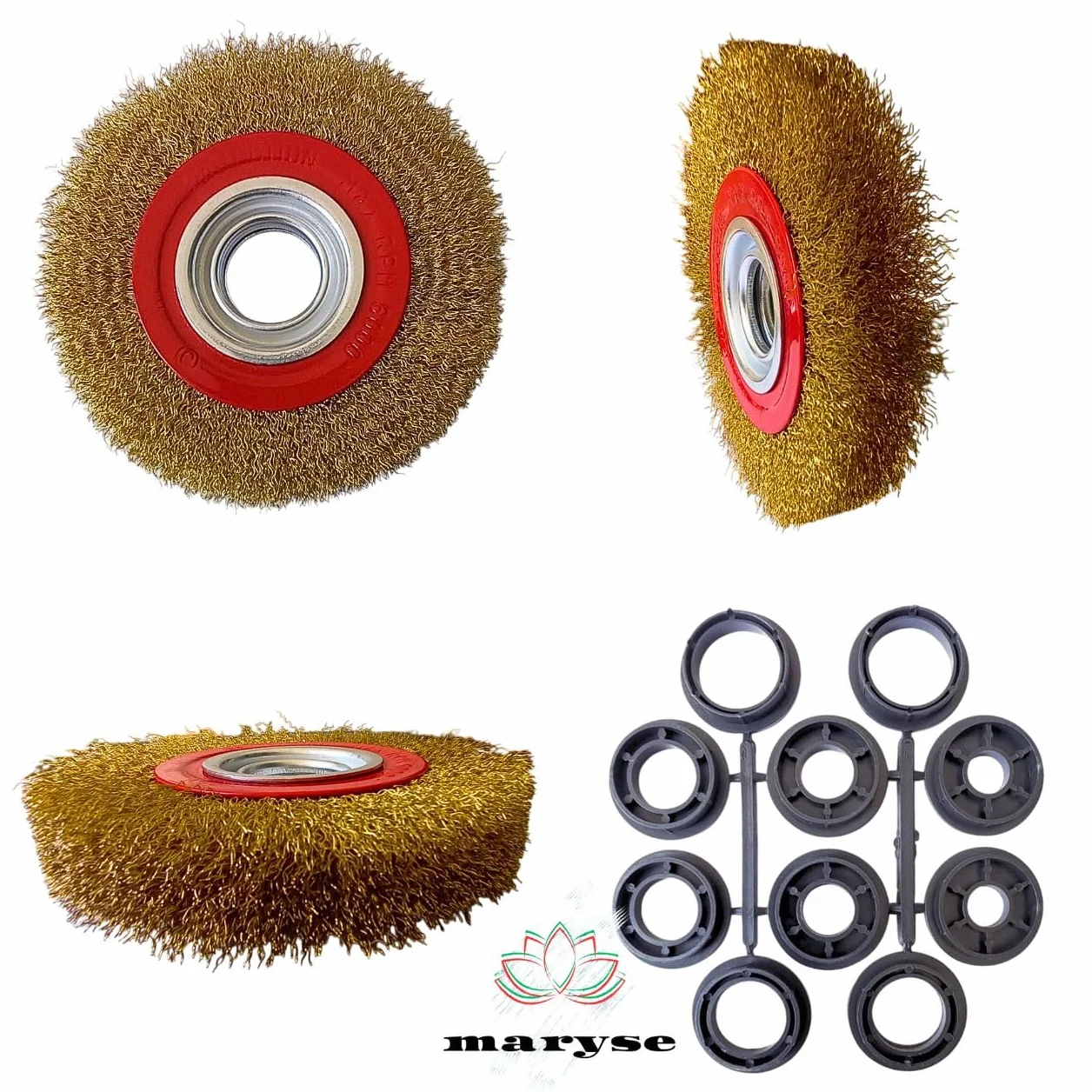 Spazzola Circolare per Mola da Banco Ø 150mm Setole Acciaio Ottonato con Adattatori Albero - Ideale per Pulizia, Sbavatura, Lucidatura Leggera e Rimozione Ruggine da Metallo, Legno e Altri Materiali