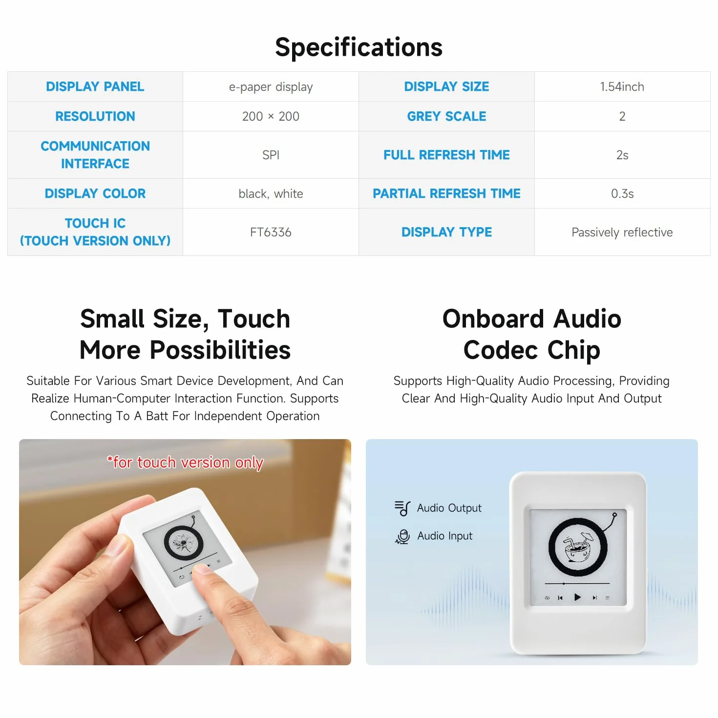 Waveshare ESP32-S3 1.54inch e-Paper AIoT Development Board, 200 × 200, Black/White, Supports Wi-Fi and BLE Dual-Mode Communication, with Touch Function, NO BAT