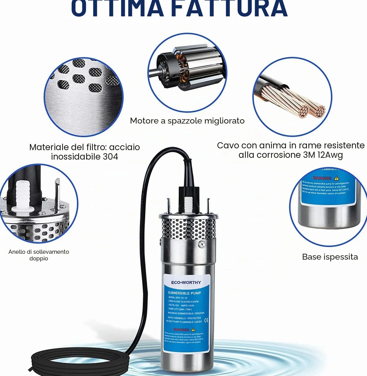 DCHOUSE Pompa Sommergibile per Pozzi 12V DC in Acciaio Inossidabile, Alimentata a Energia Solare, Altezza di Sollevamento 70 m, Profondità Massima di Immersione 30 m