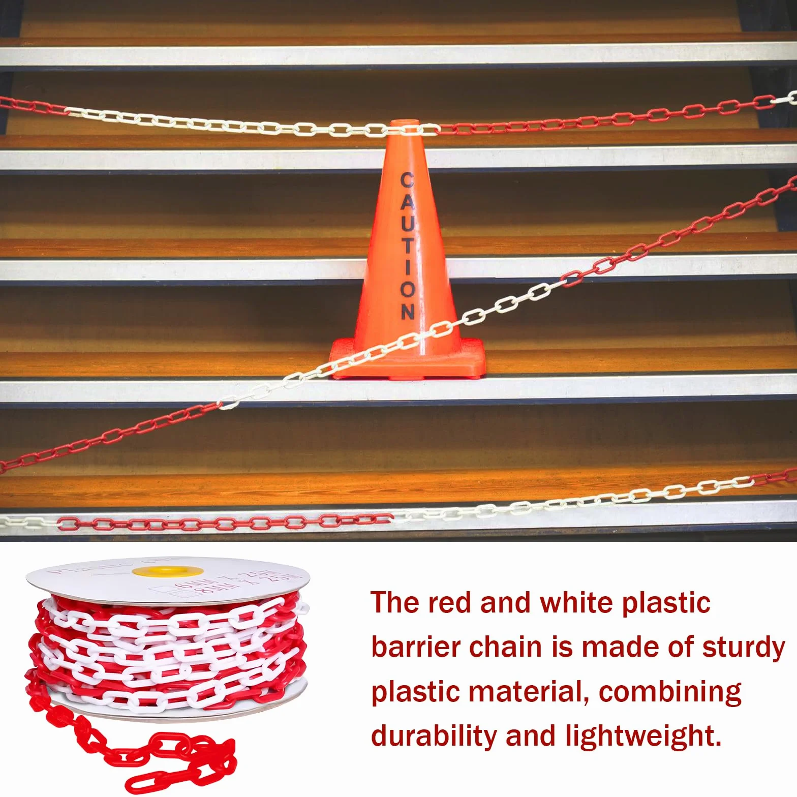 Catena di Sicurezza: Catena di Sicurezza in Plastica Rossa e Bianca da 25m, Catena di Segnalazione da 6mm per Aree di Blocco, Barriera a Catena in Plastica per Cantieri Edili, Parcheggi, Code