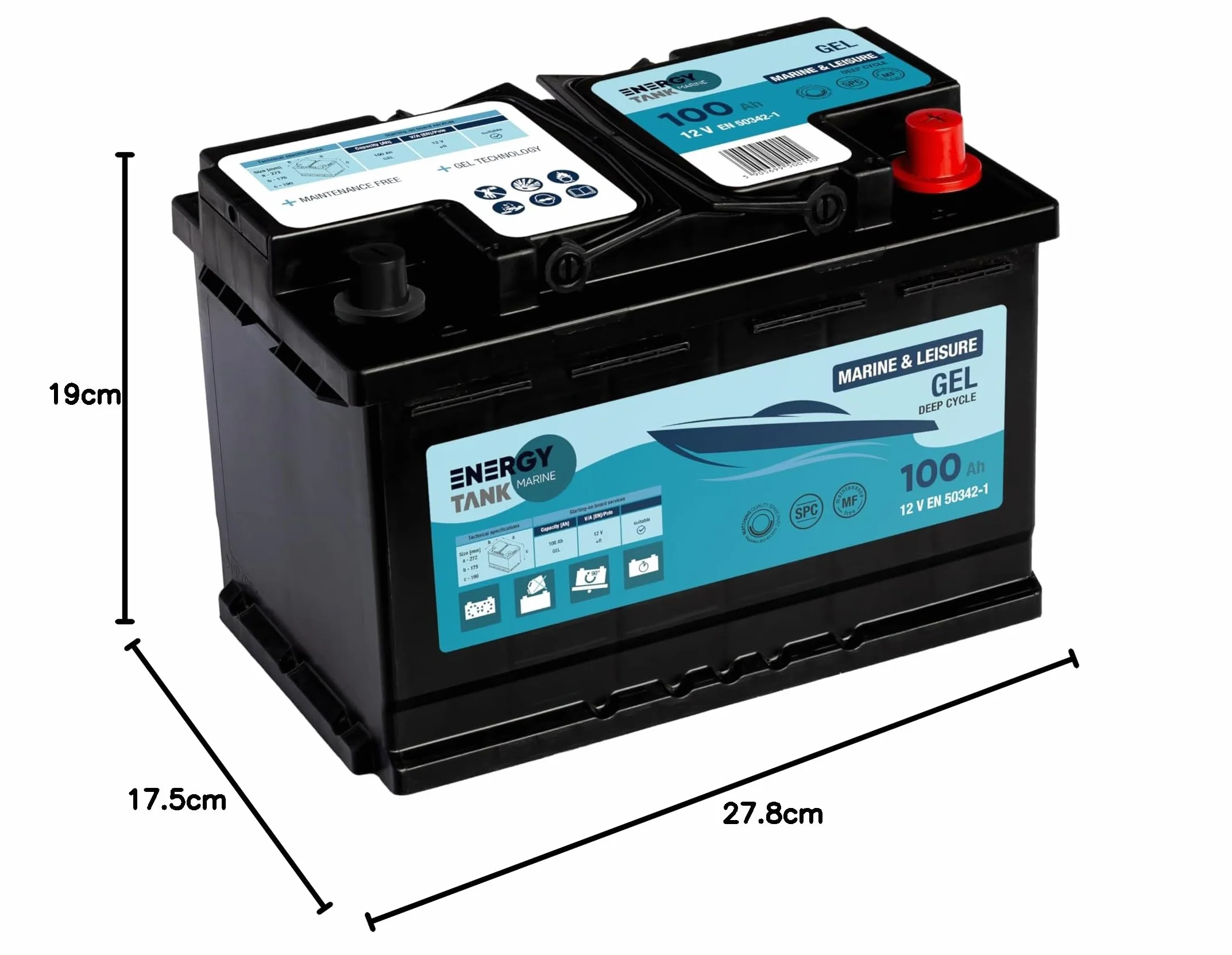 Batteria per barca 12V 100Ah – batteria al gel a lunga durata – per uso mobile e stazionario – batteria di servizio protetta da vibrazioni e urti.